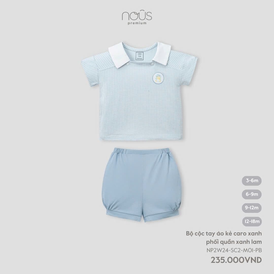 Bộ cộc tay áo kẻ caro xanh phối quần xanh lam