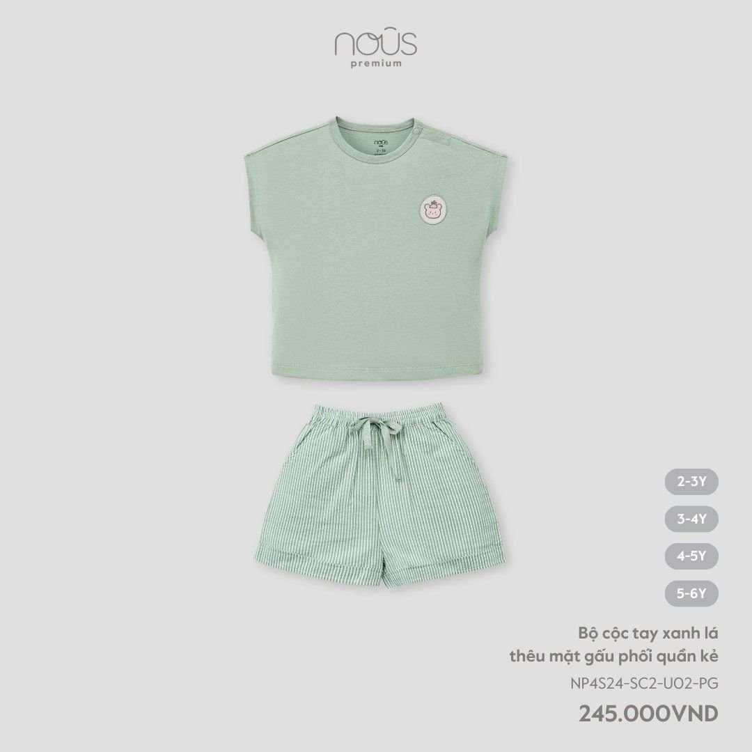 Bộ Cộc Tay Xanh Lá Thêu Mặt Gấu Phối Quần Kẻ NU1708