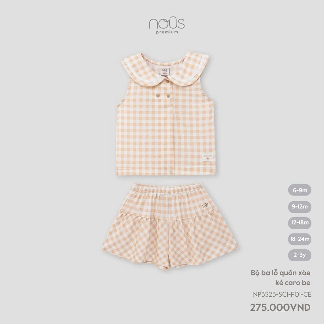 Bộ ba lỗ quần xòe kẻ caro be