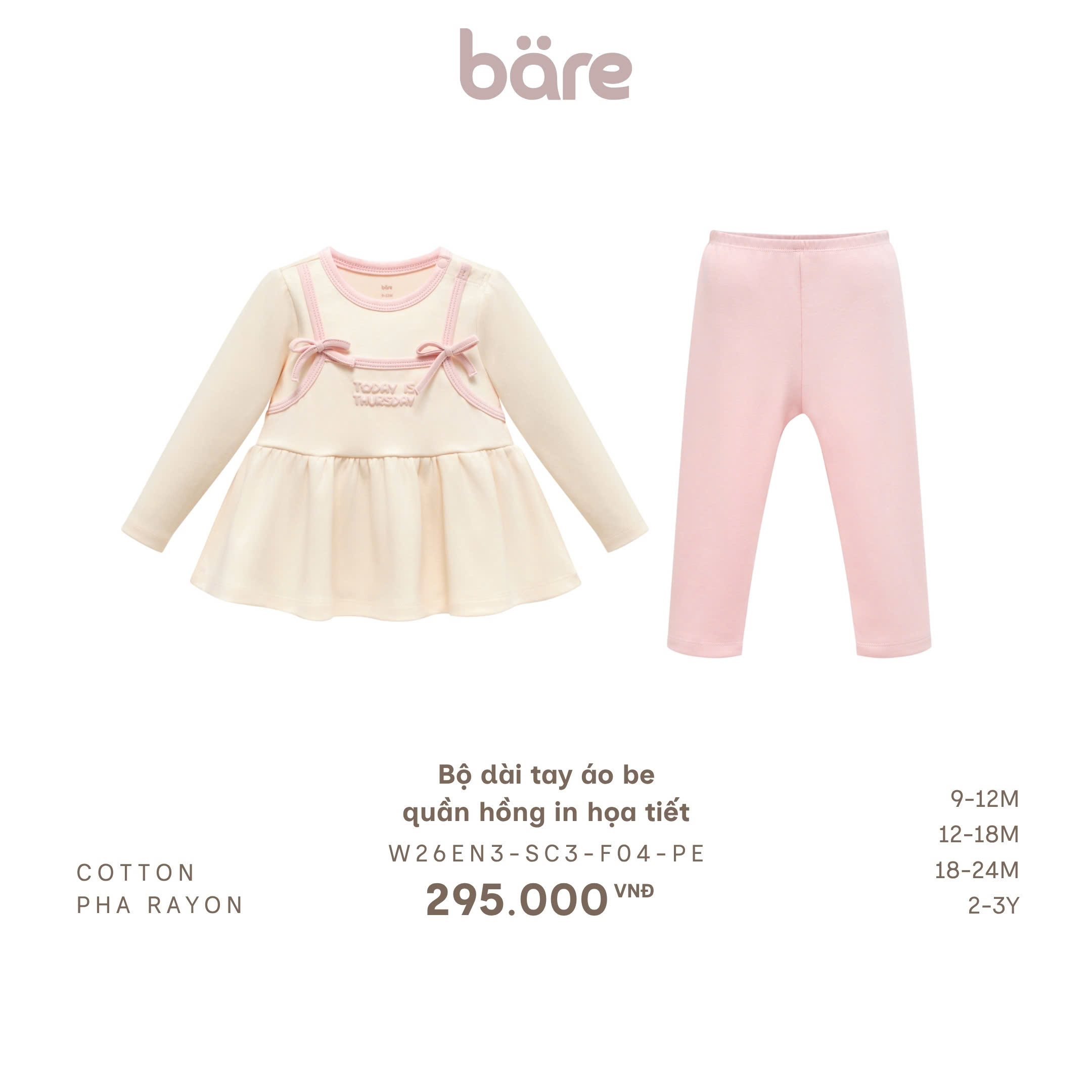 Bộ dài tay áo be quần hồng in họa tiết
