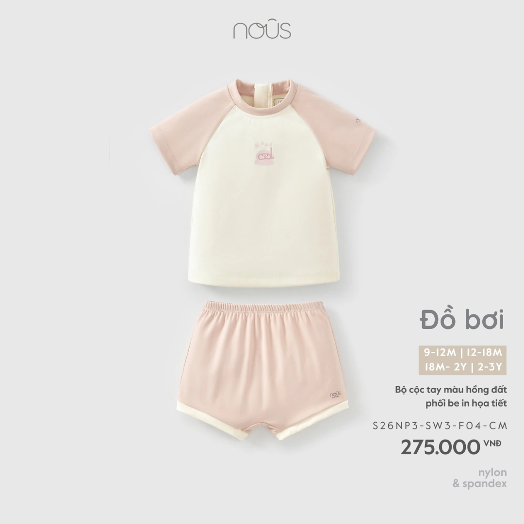 Bộ đồ bơi cộc tay màu hồng đất phối be in họa tiết