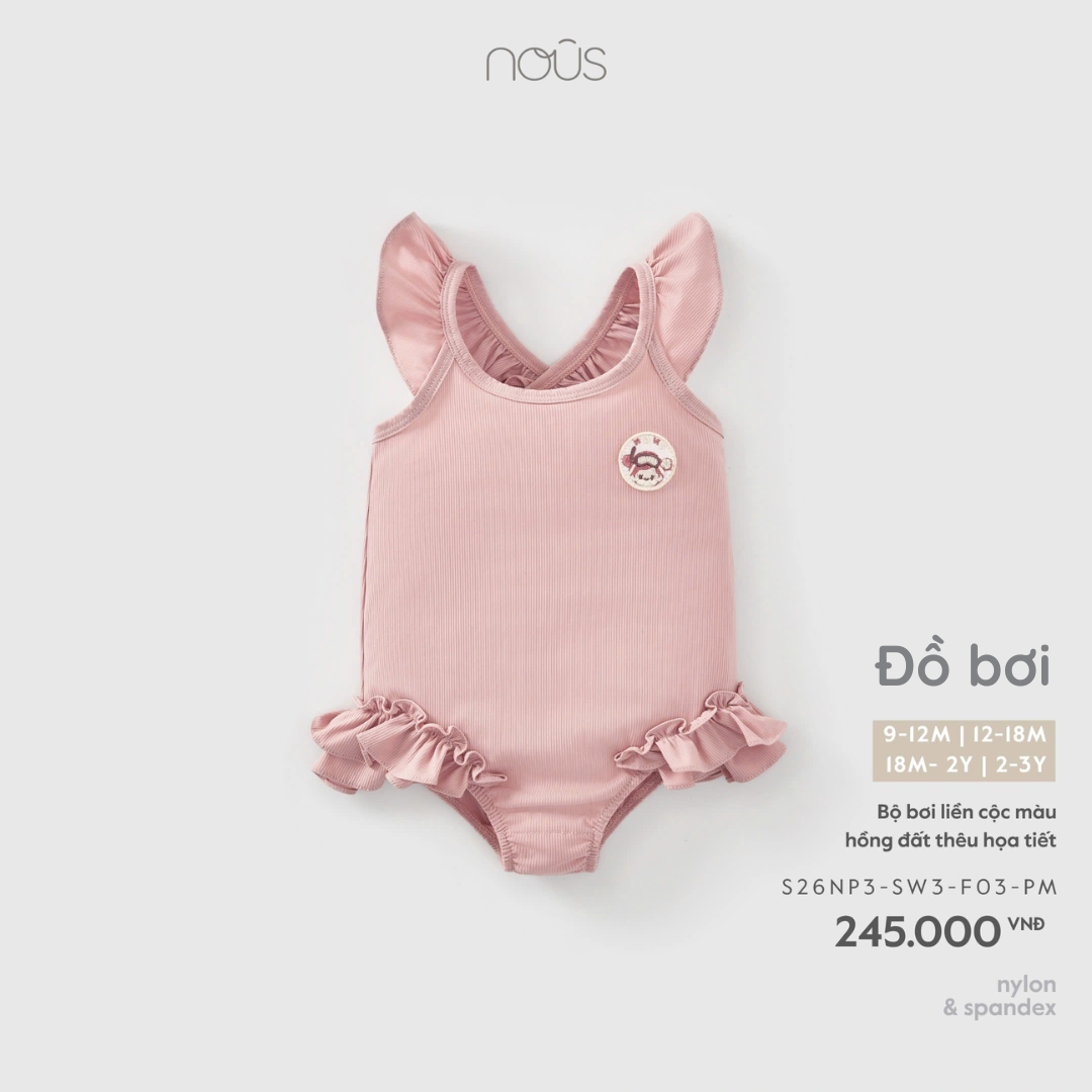 Bộ bơi liền cộc màu hồng đất thêu họa tiết