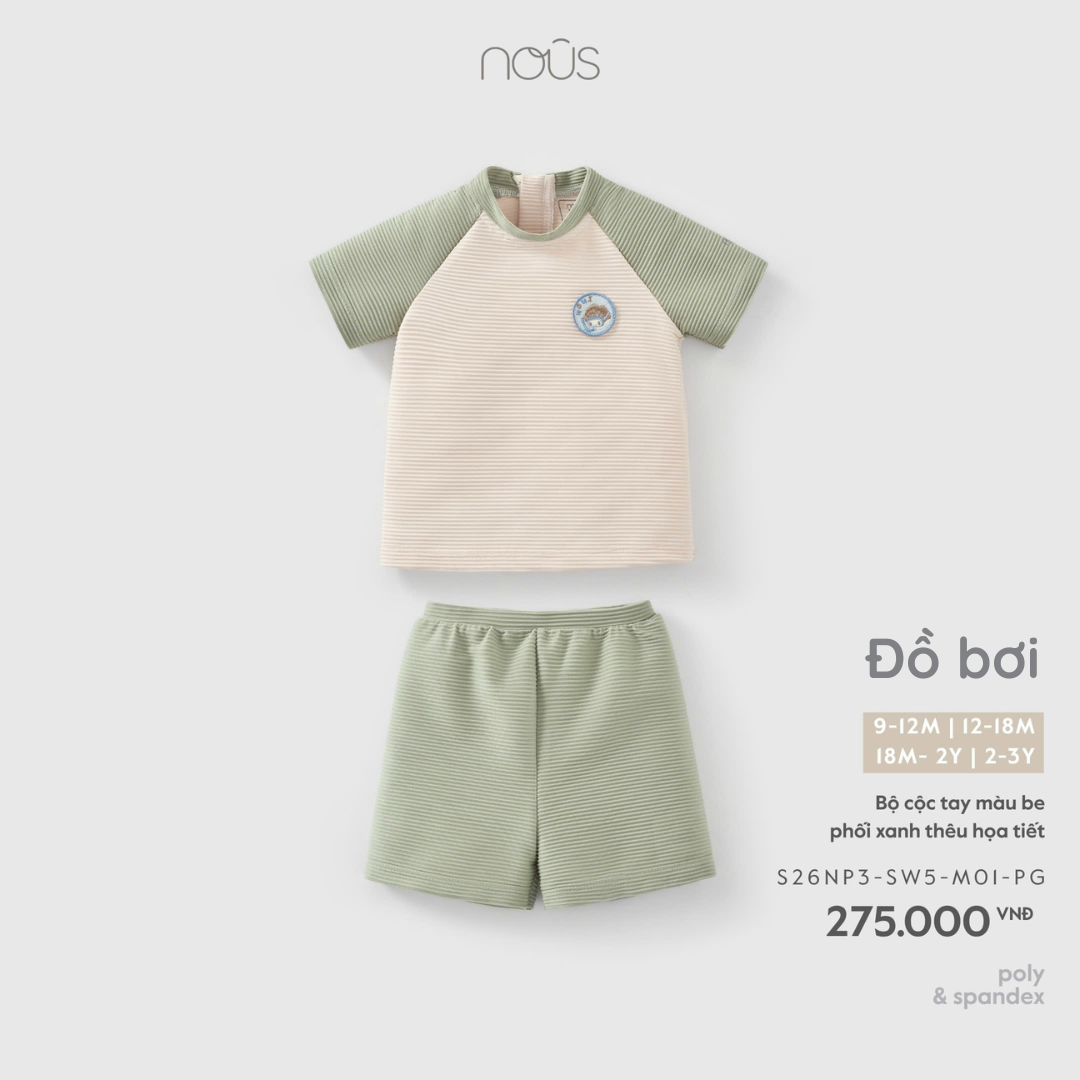 Bộ đồ bơi cộc tay màu be phối xanh thêu họa tiết