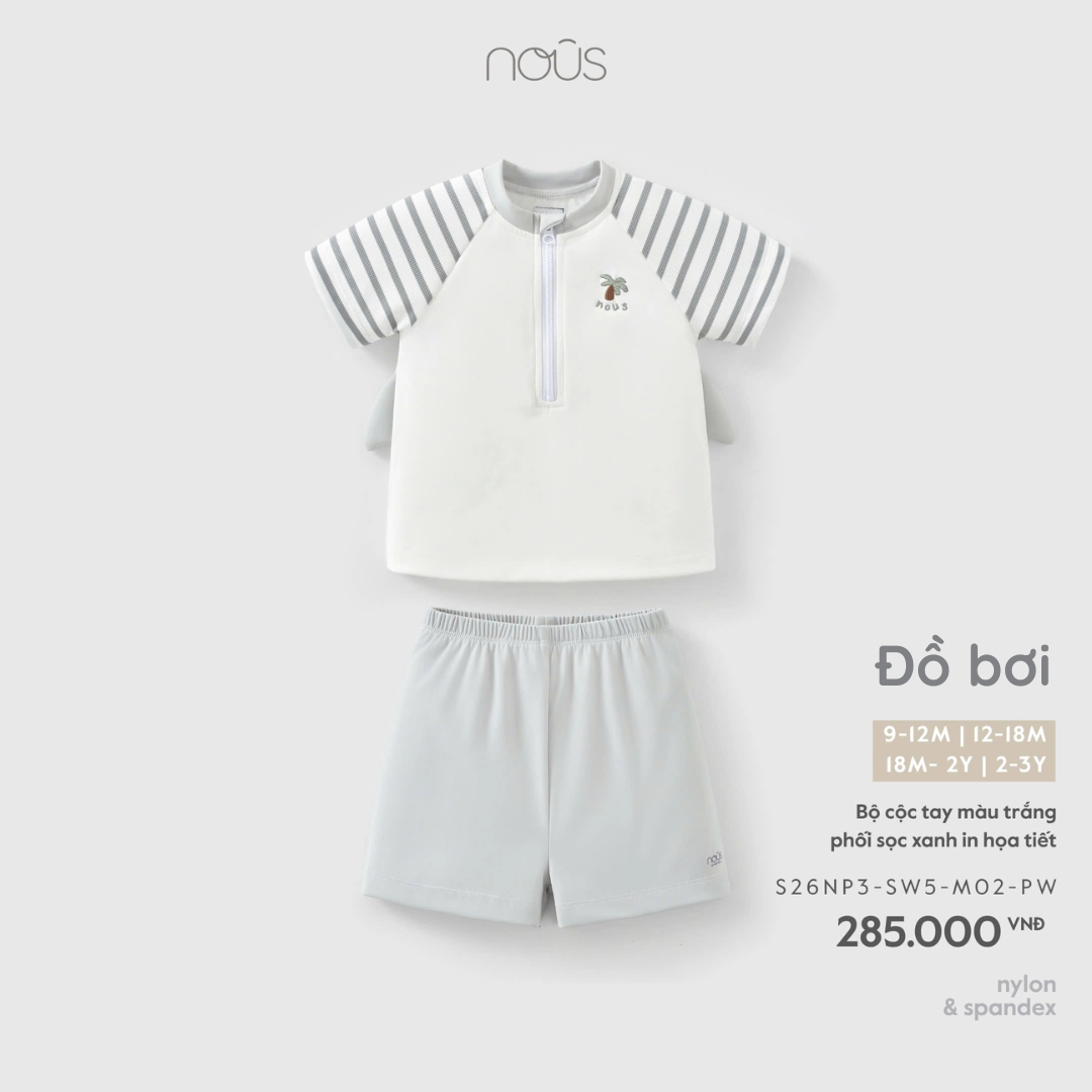 Bộ bơi cộc tay màu trắng phối sọc xanh in họa tiết