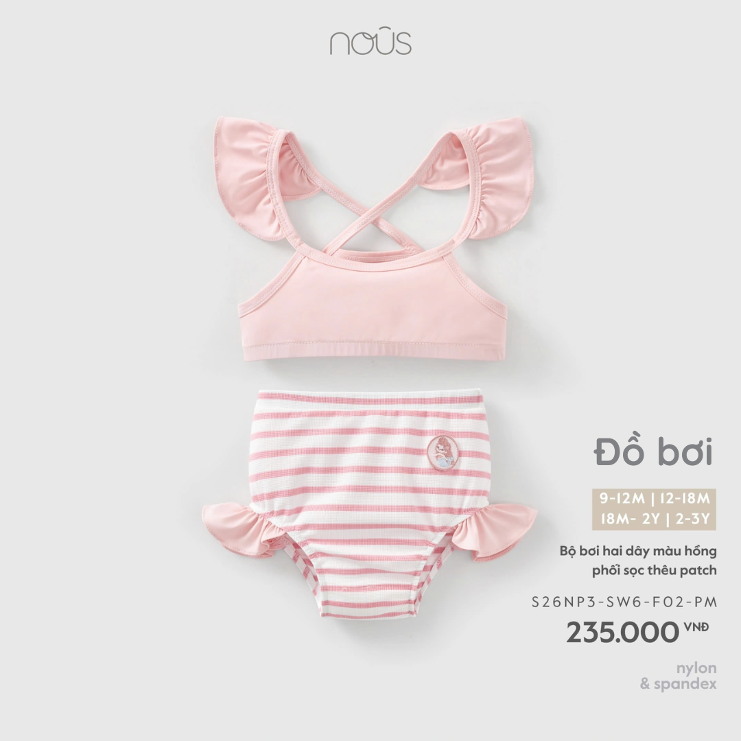 Bộ bơi hai dây màu hồng phối sọc thêu patch