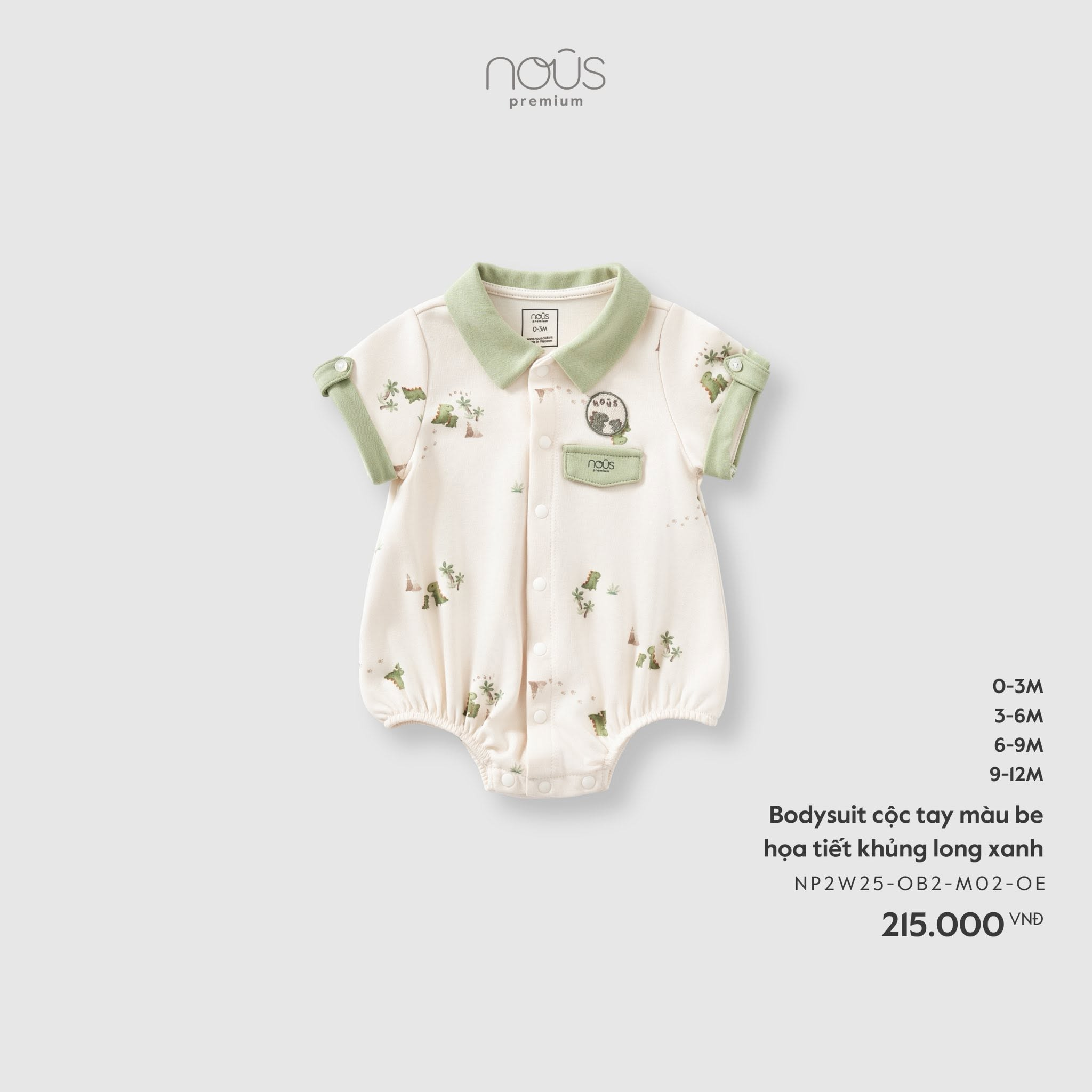Bodysuit cộc tay màu be họa tiết khủng long xanh
