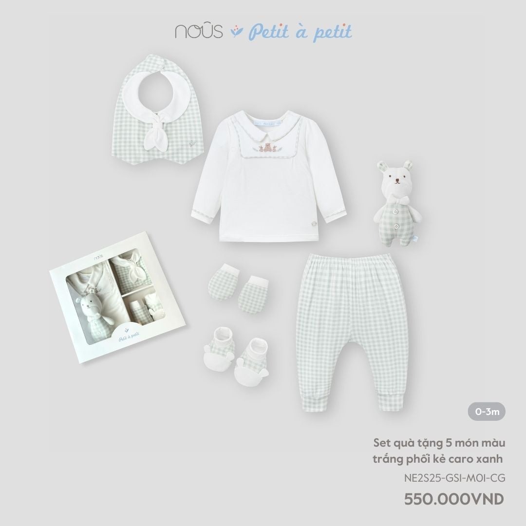 Set quà tặng 5 món màu trắng phối kẻ caro xanh