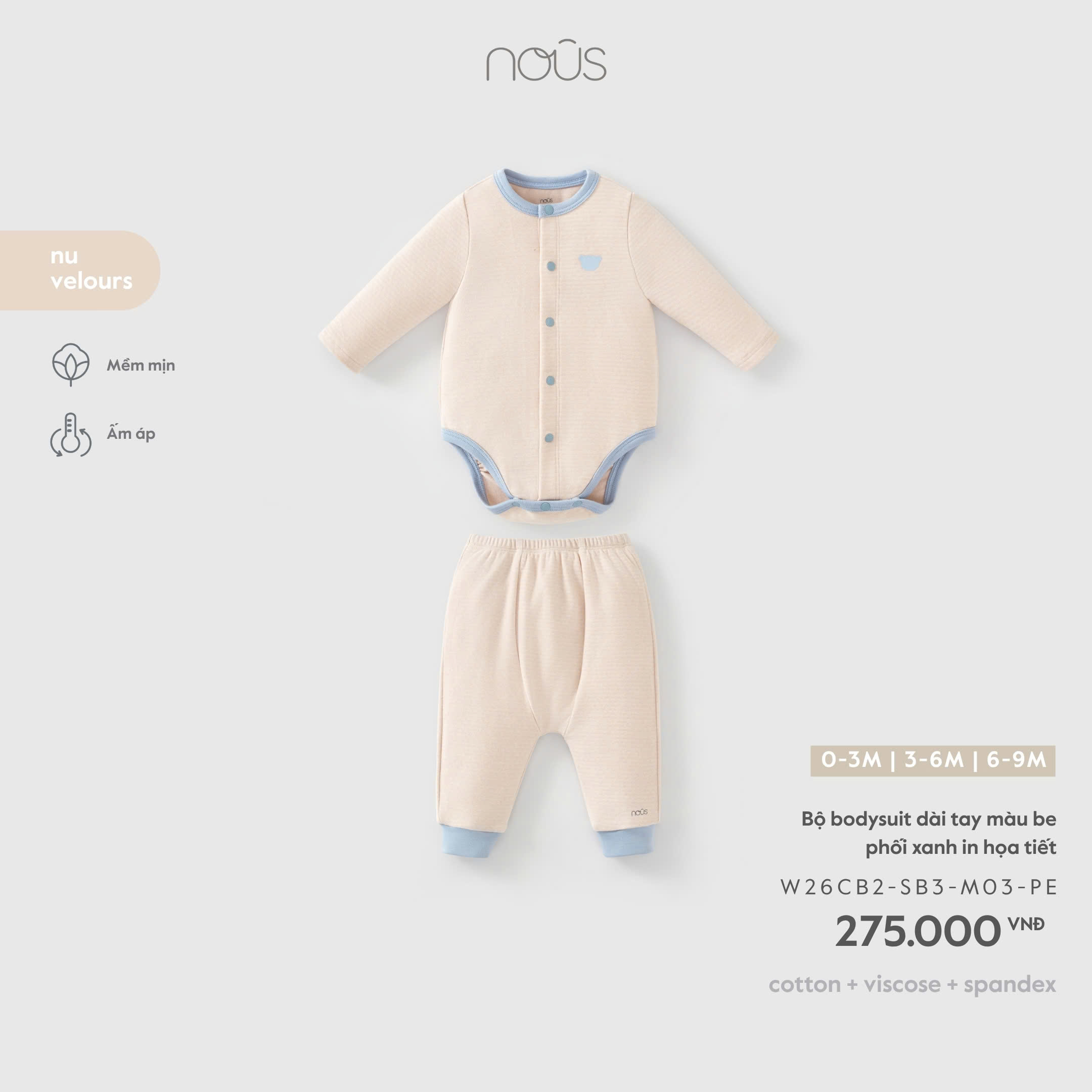 Bộ bodysuit dài tay màu be phối xanh in họa tiết