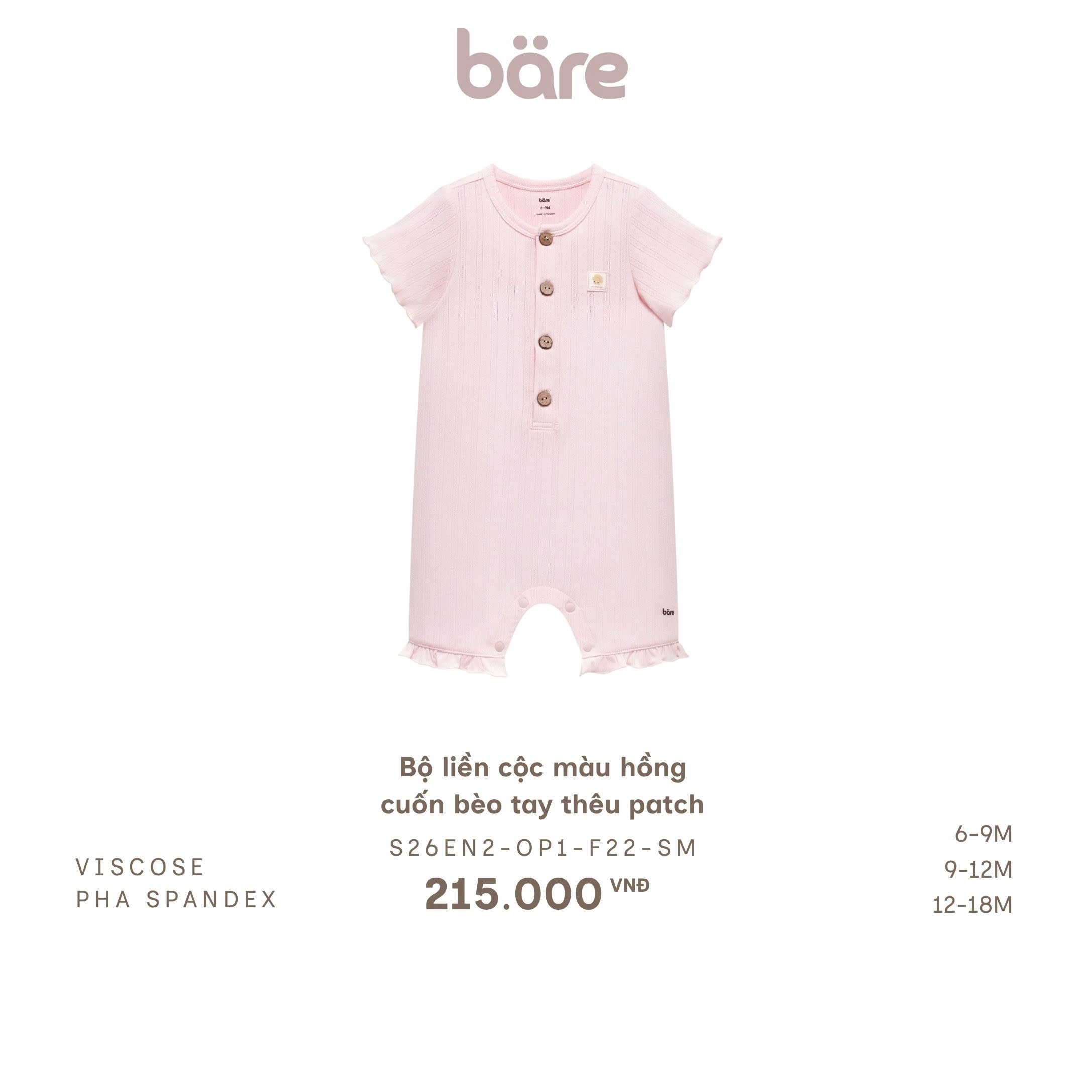 Bộ liền cộc màu hồng cuốn bèo tay thêu patch