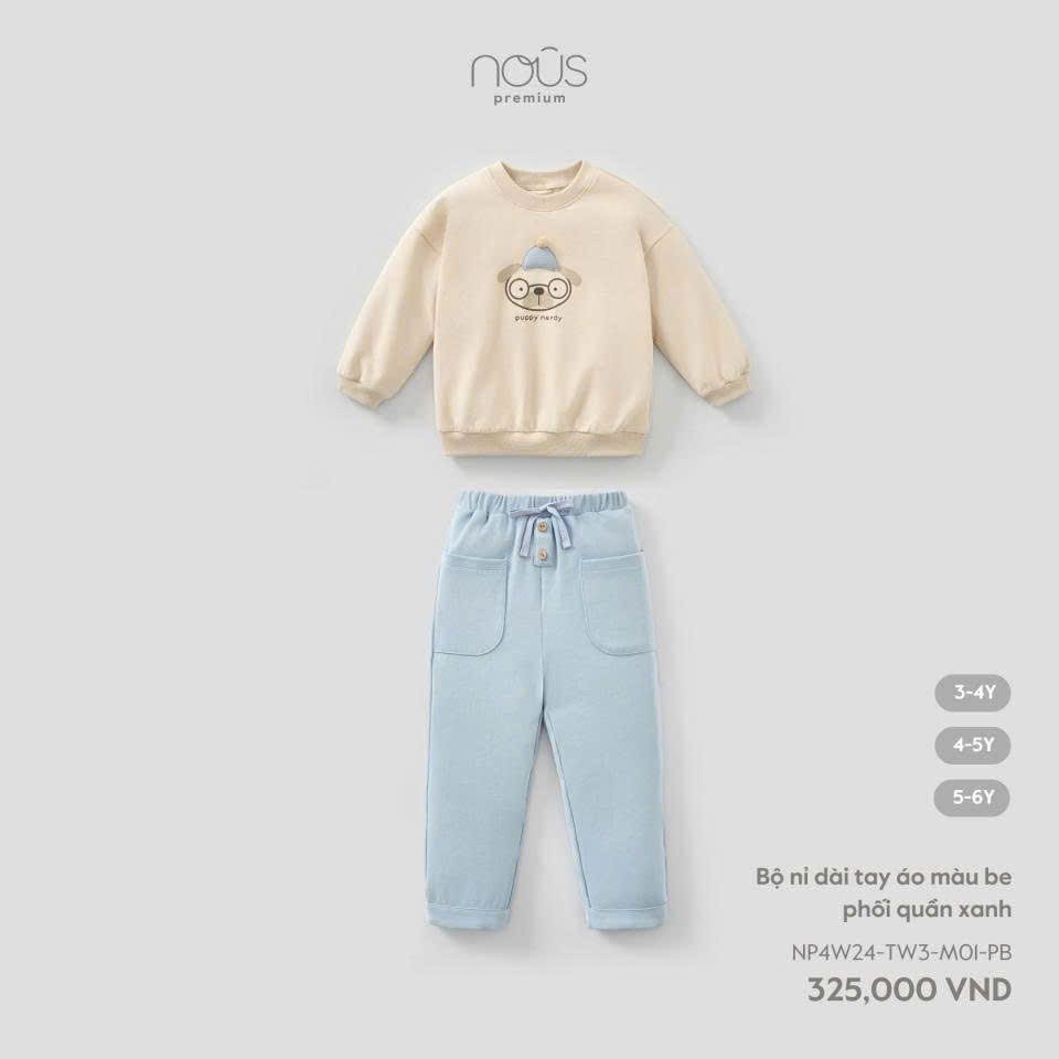 Bộ nỉ dài tay áo màu be phối quần xanh
