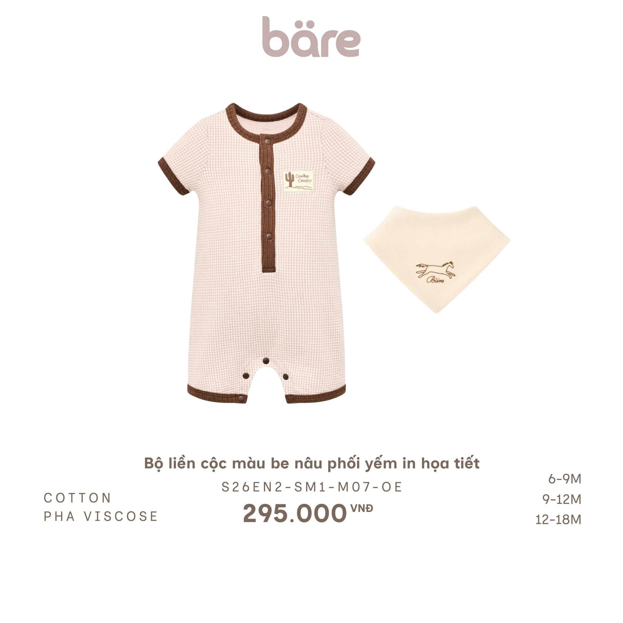 Bộ liền cộc màu be nâu phối yếm in họa tiết