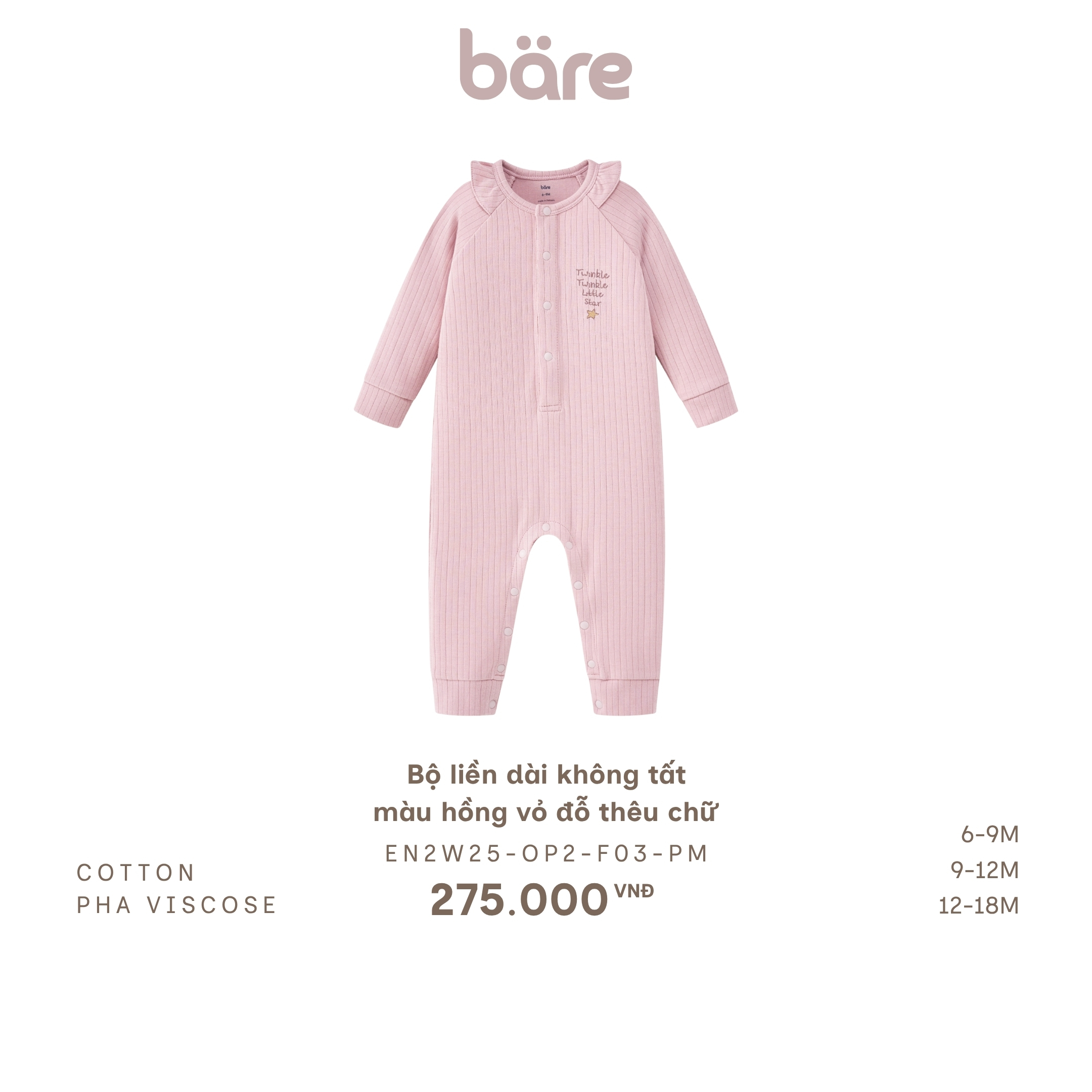 Bộ liền dài không tất màu hồng vỏ đỗ thêu chữ