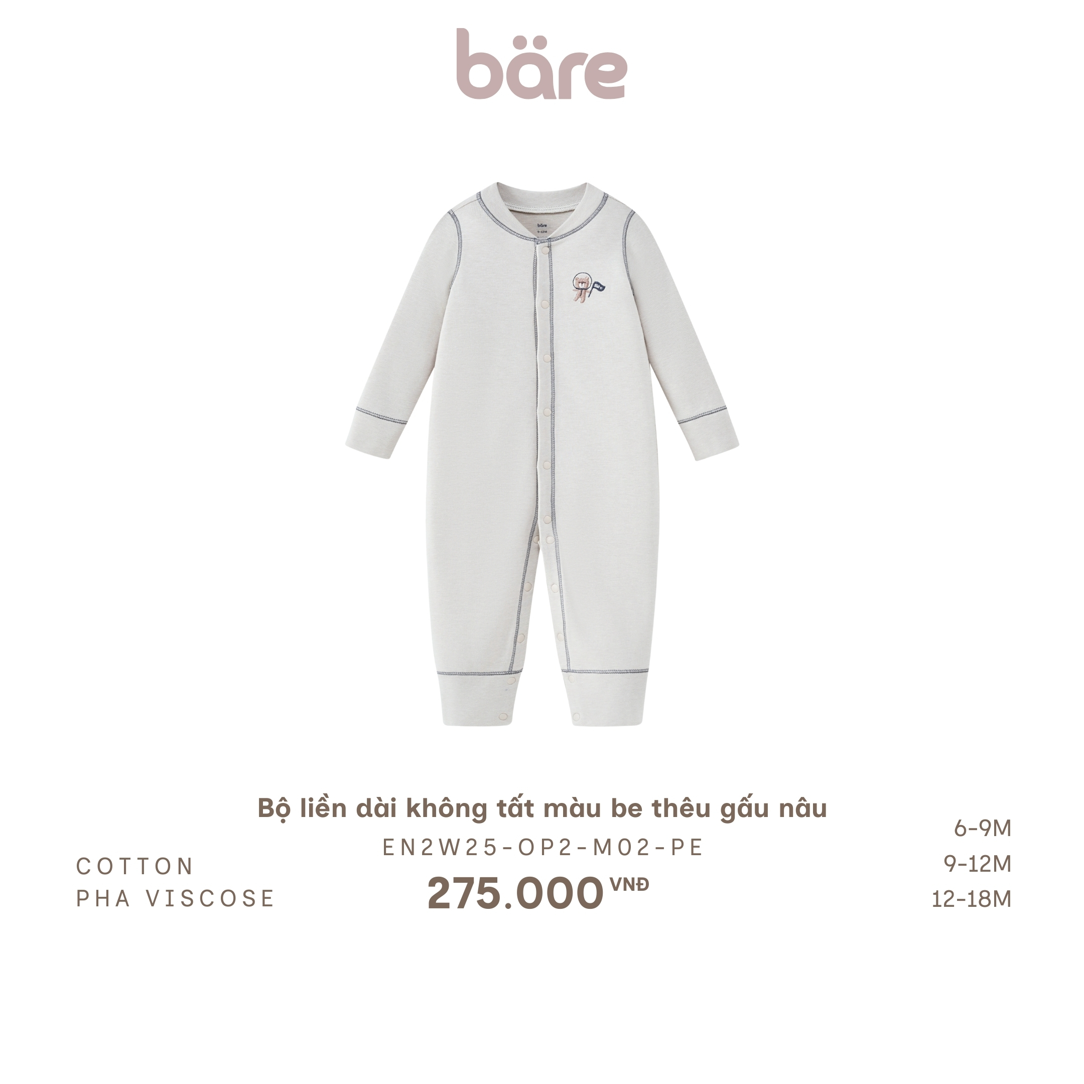 Bộ liền dài không tất màu be thêu gấu nâu