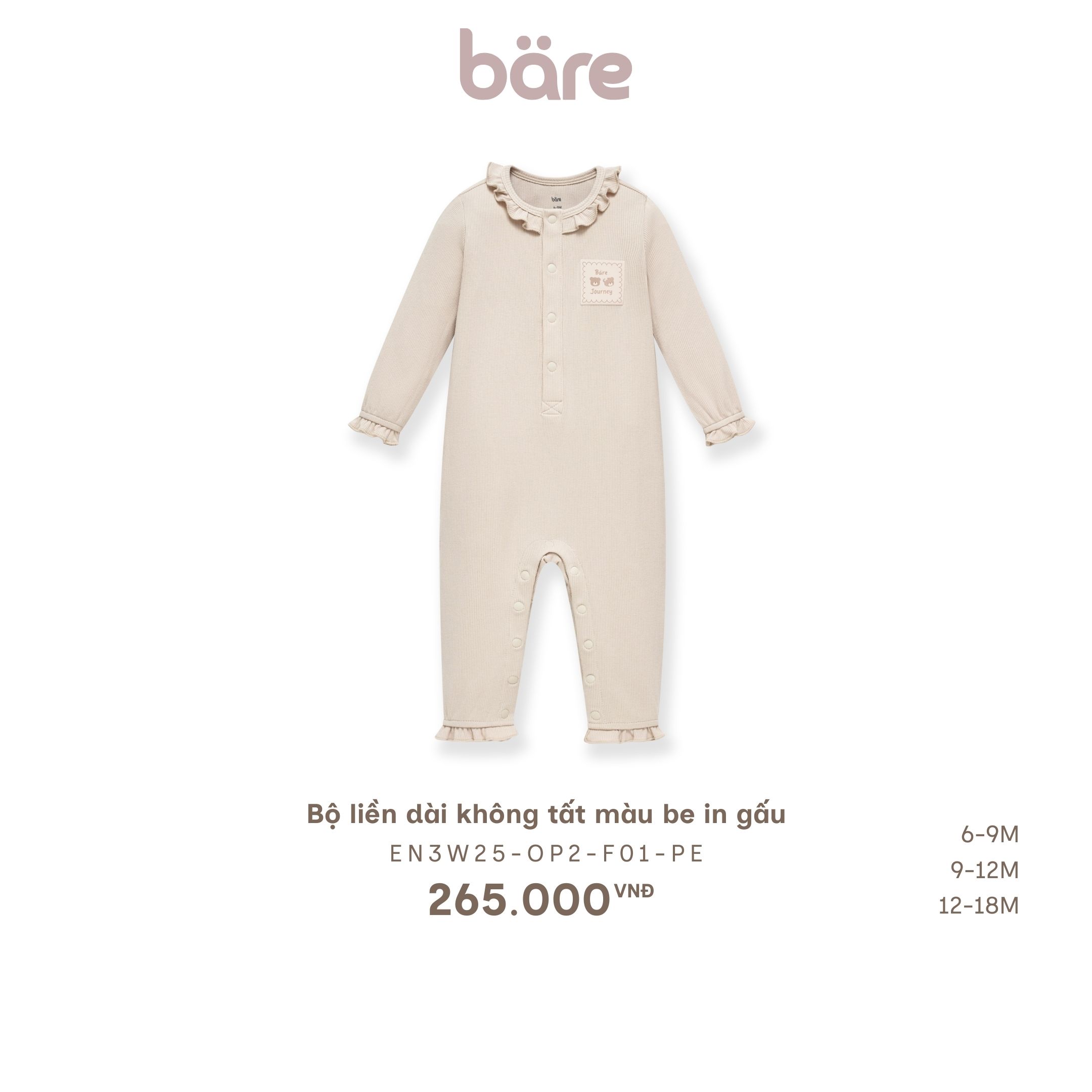 Bộ liền dài không tất màu be in gấu