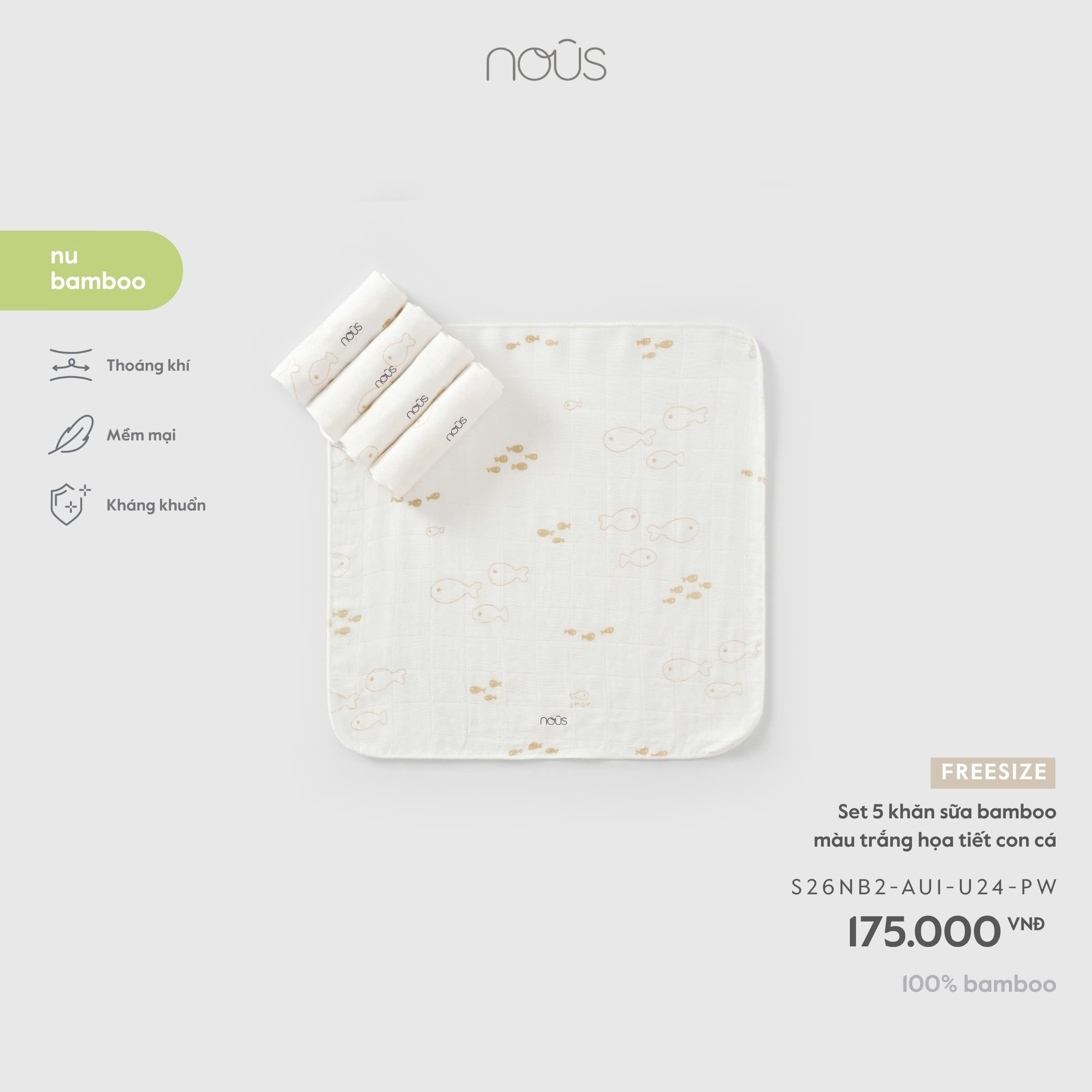 Set 5 khăn sữa bamboo màu trắng họa tiết con cá
