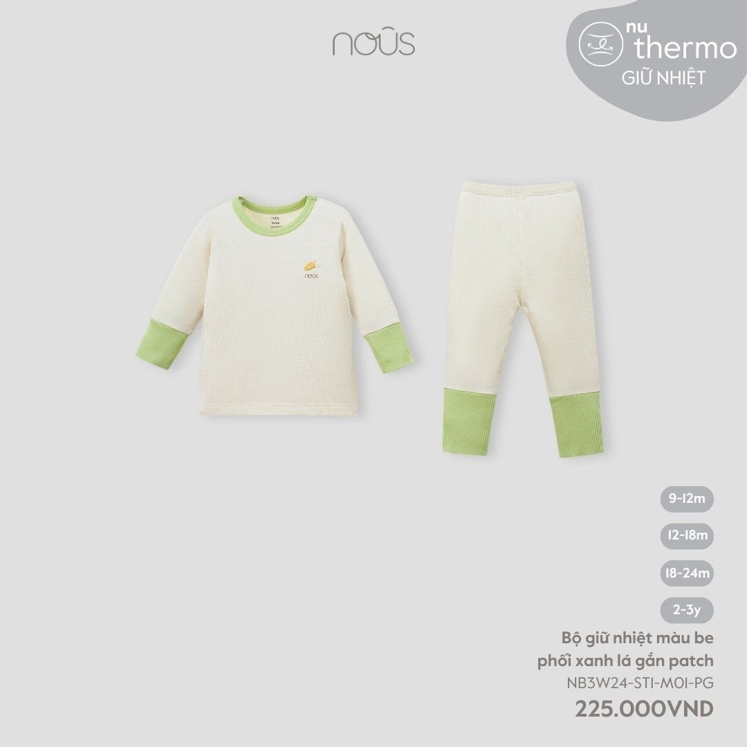 Bộ Giữ Nhiệt Màu Be Phối Xanh Lá Gắn Patch NU2358
