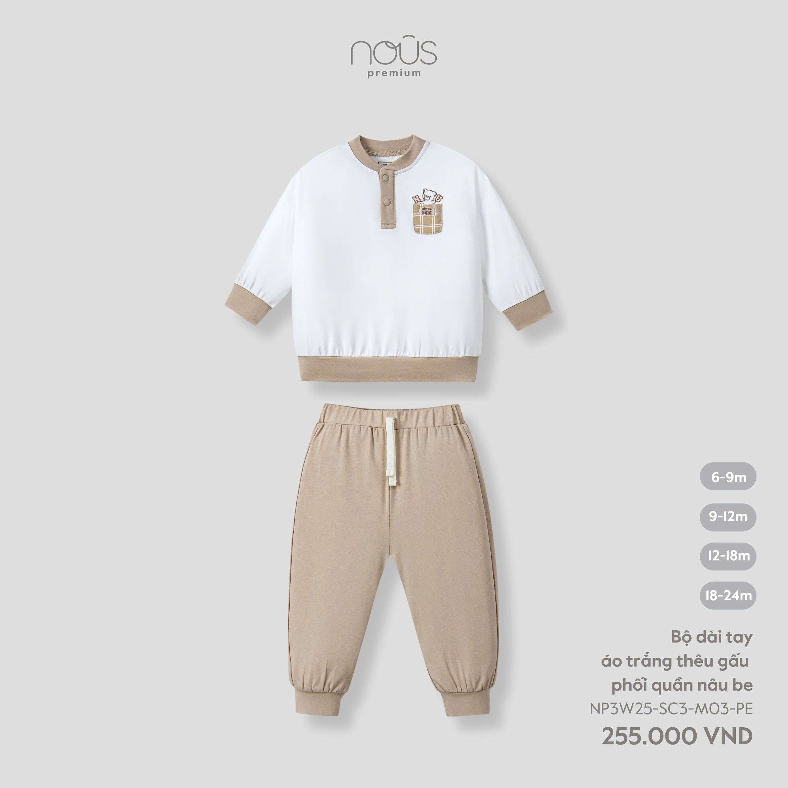 Bộ dài tay áo trắng thêu gấu phối quần nâu be