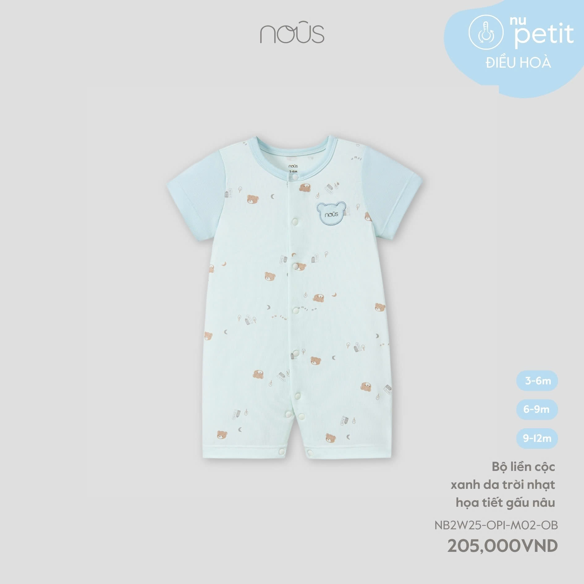 Bộ liền cộc xanh da trời nhạt họa tiết gấu nâu