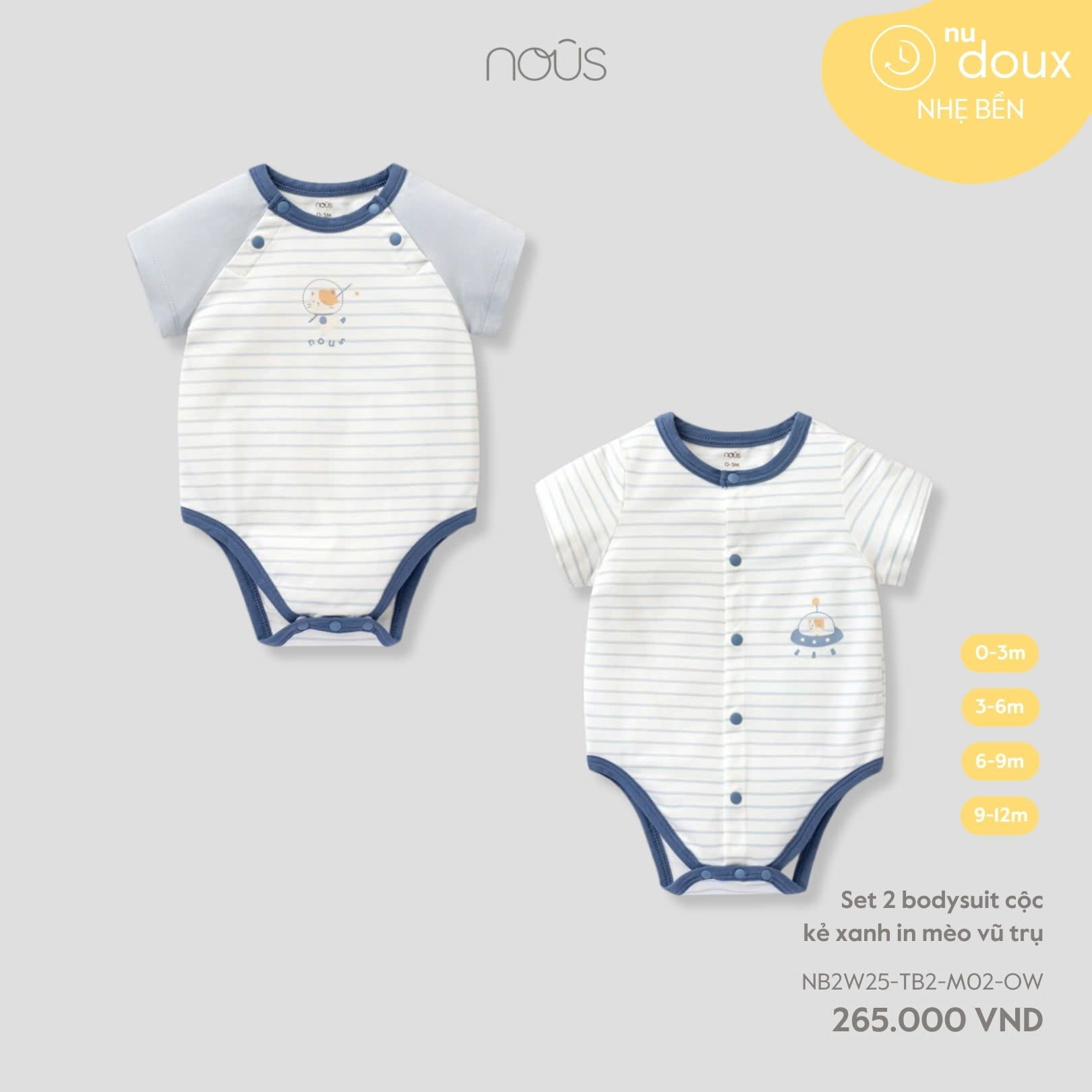 Set 2 bodysuit cộc kẻ xanh in mèo vũ trụ