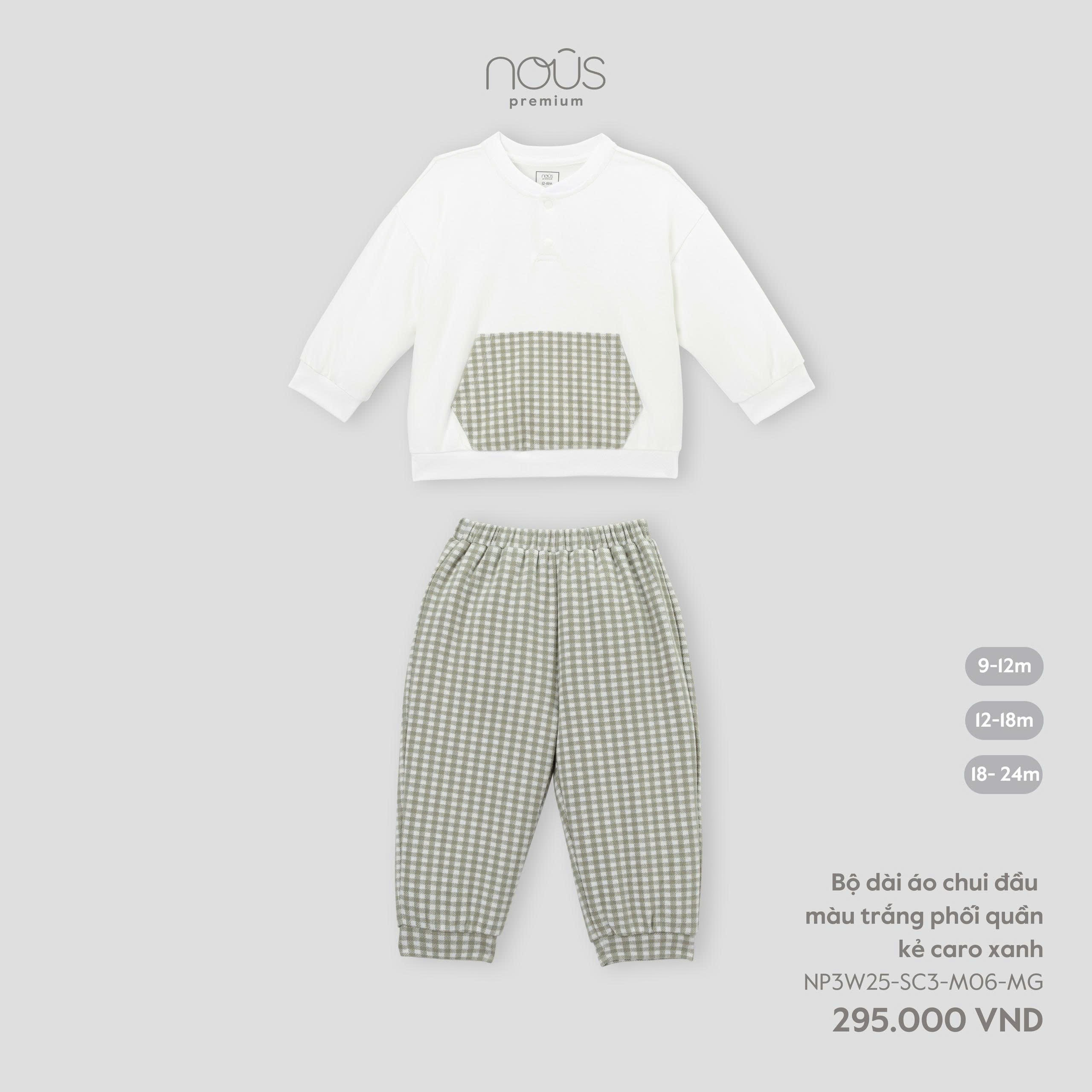 Bộ dài áo chui đầu màu trắng phối quần kẻ caro xanh