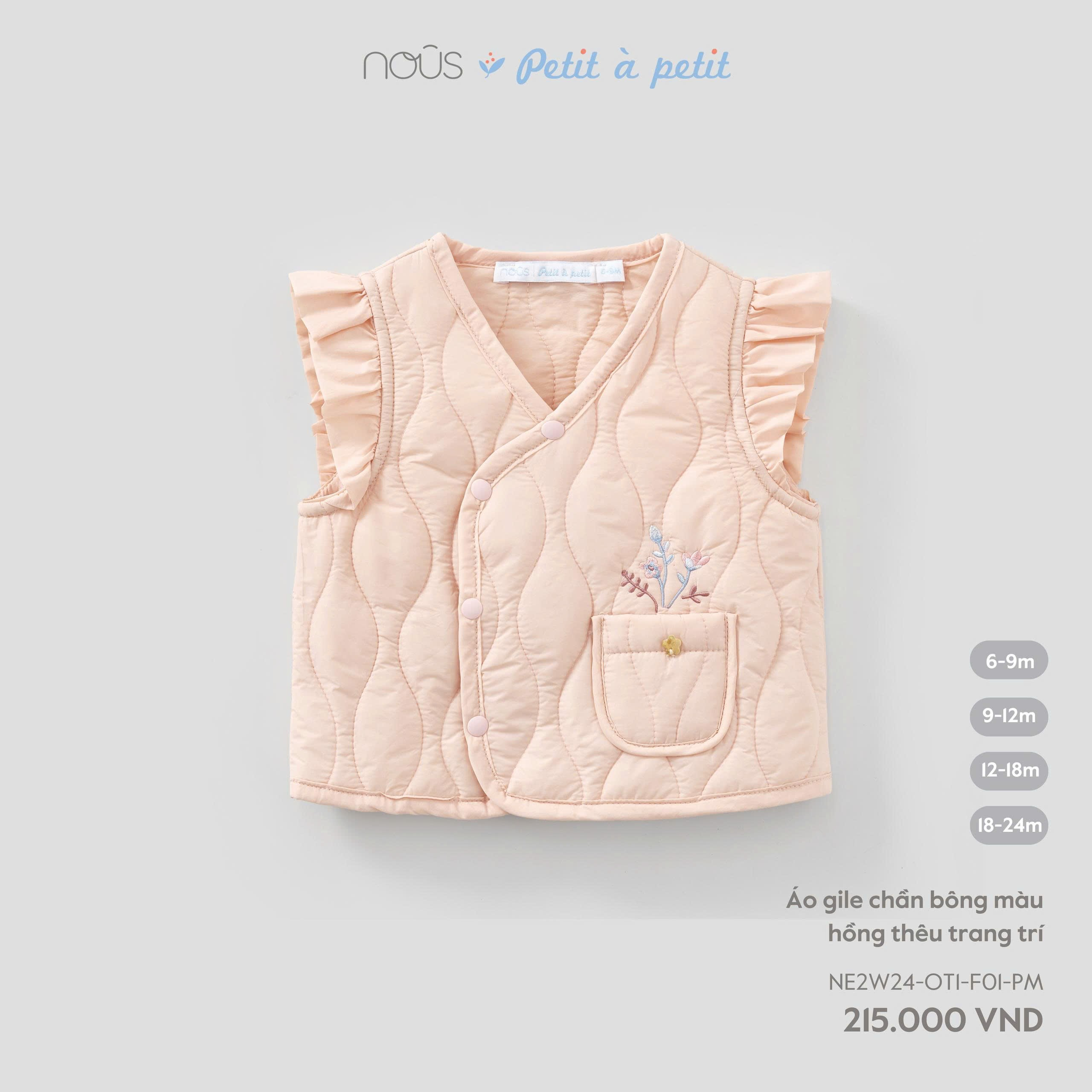 Áo gile chần bông màu hồng thêu trang trí