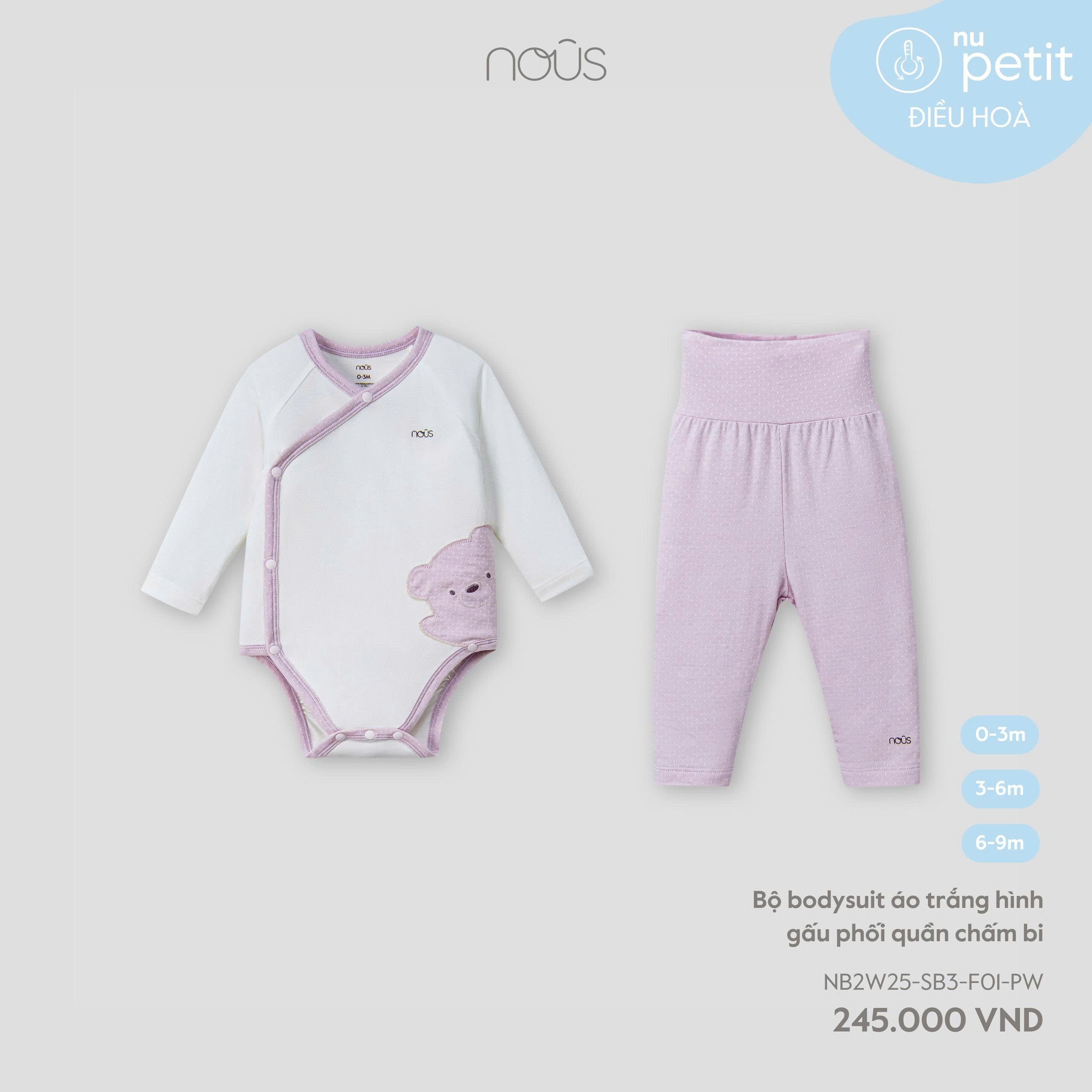 Bộ bodysuit áo trắng hình gấu phối quần chấm bi