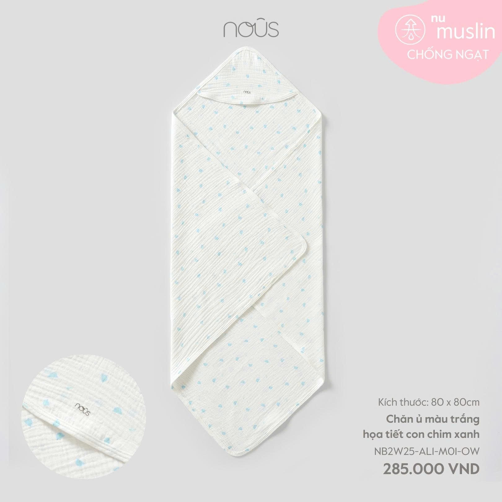 Chăn ủ màu trắng họa tiết con chim xanh