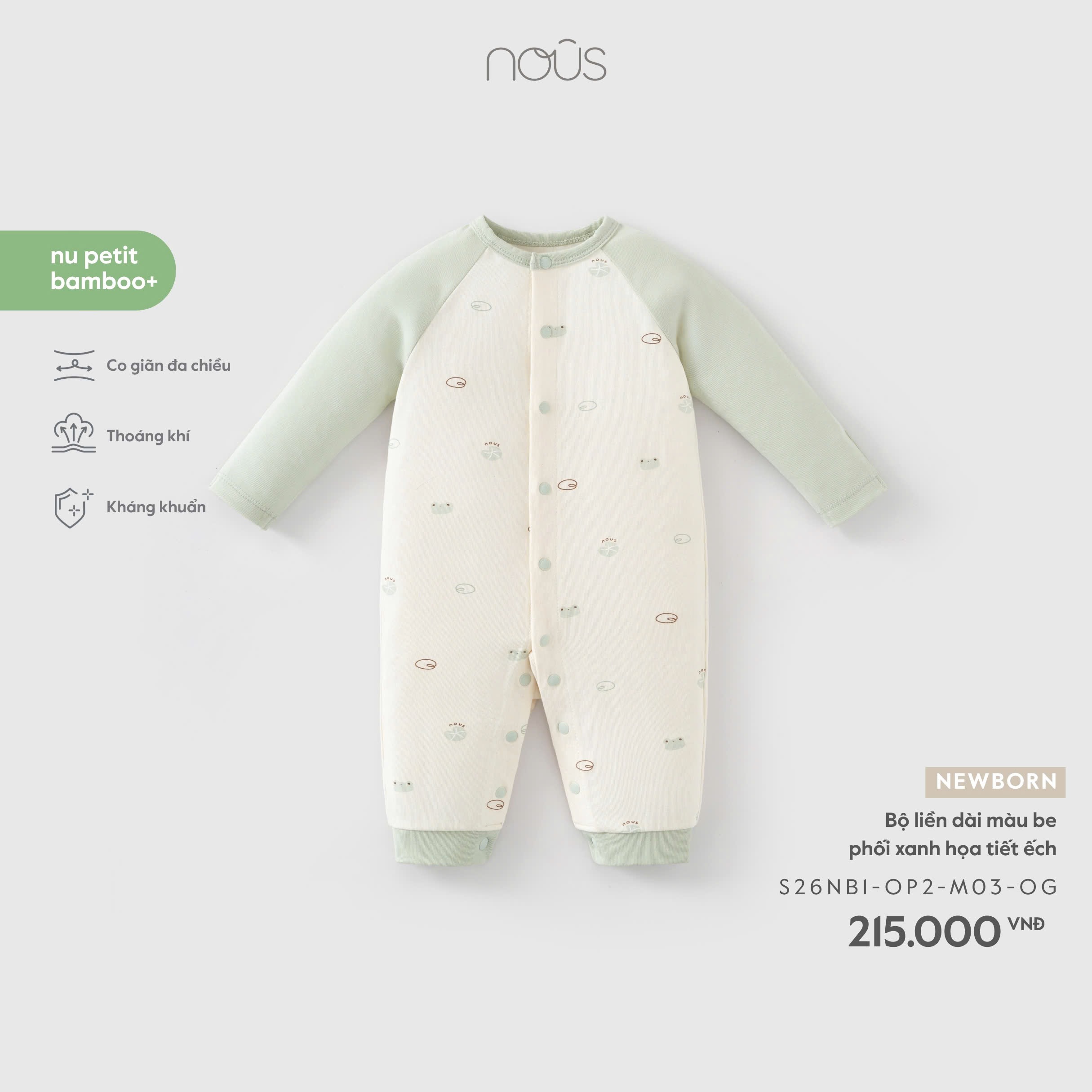Bộ liền dài màu be phối xanh họa tiết ếch