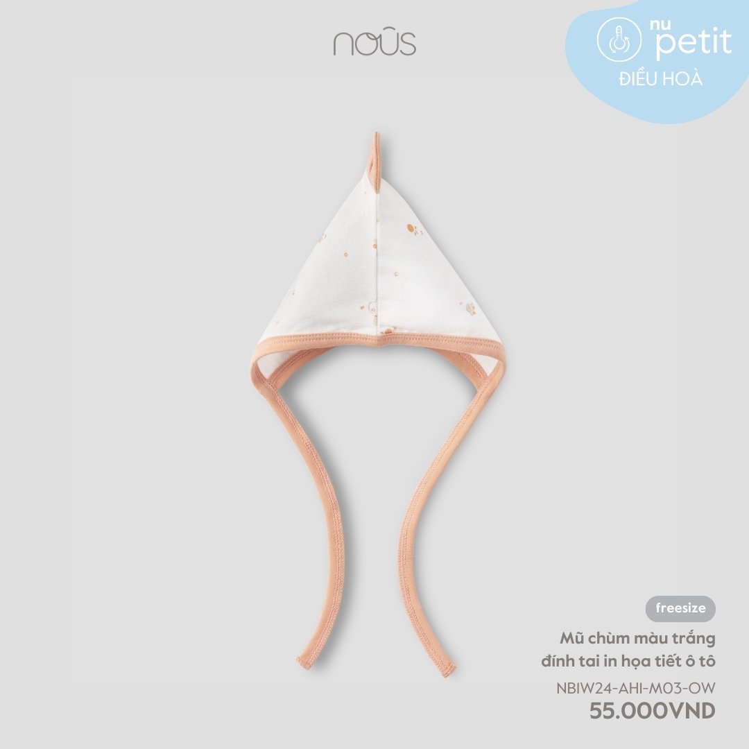 Mũ chùm màu trắng đính tai in họa tiết ô tô