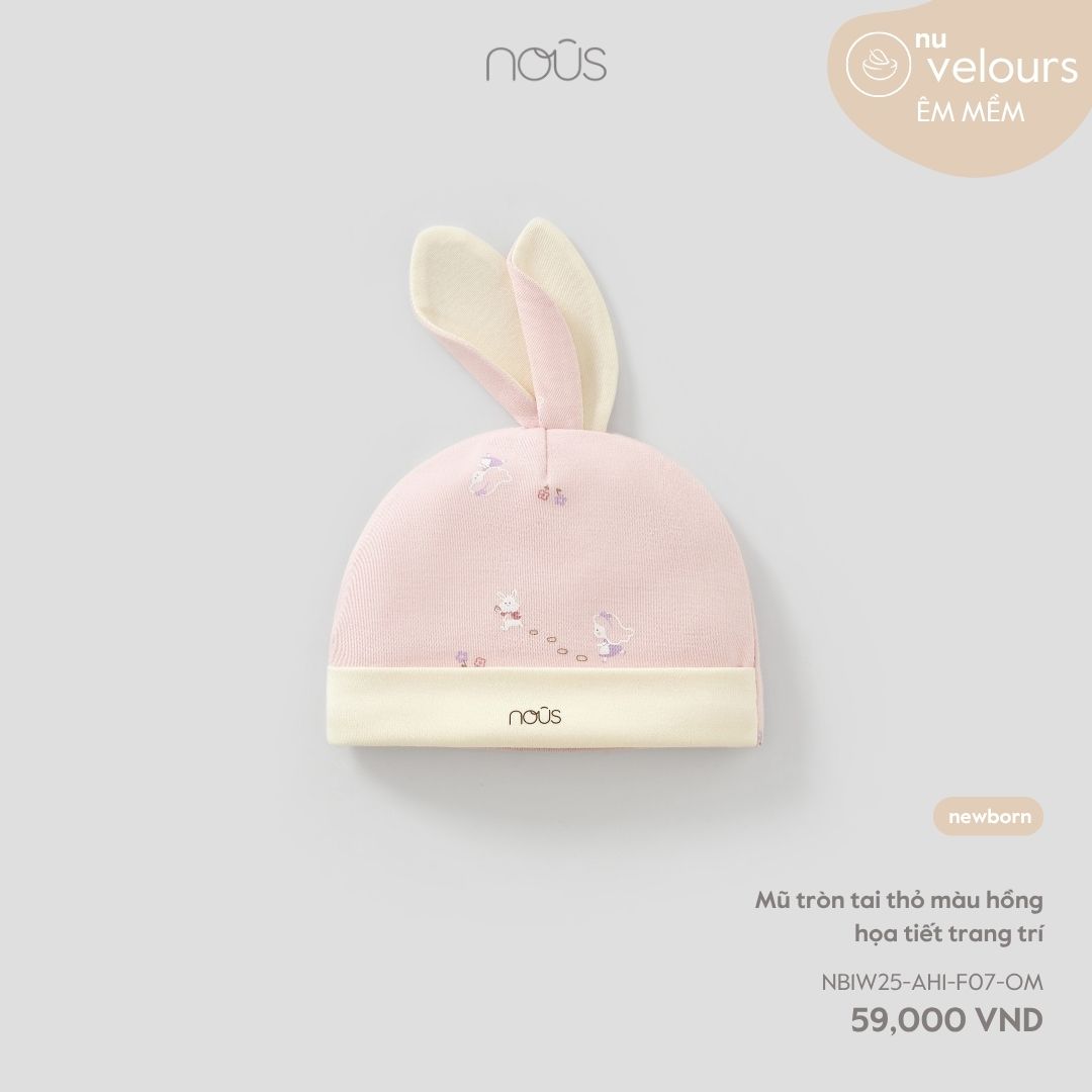 Mũ tròn tai thỏ màu hồng họa tiết trang trí