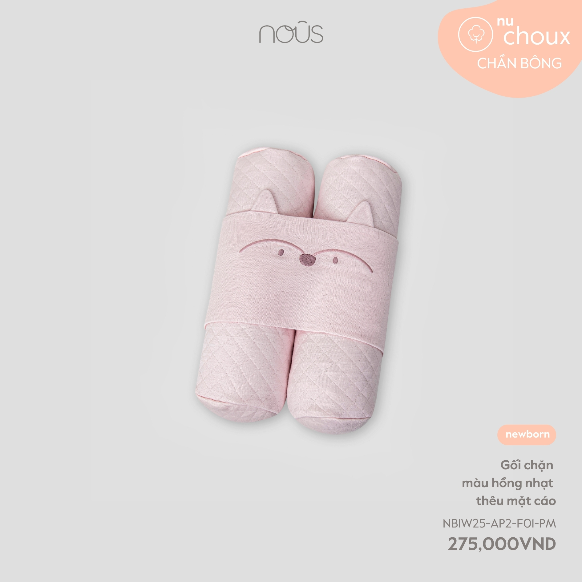 Gối chặn màu hồng nhạt thêu mặt cáo