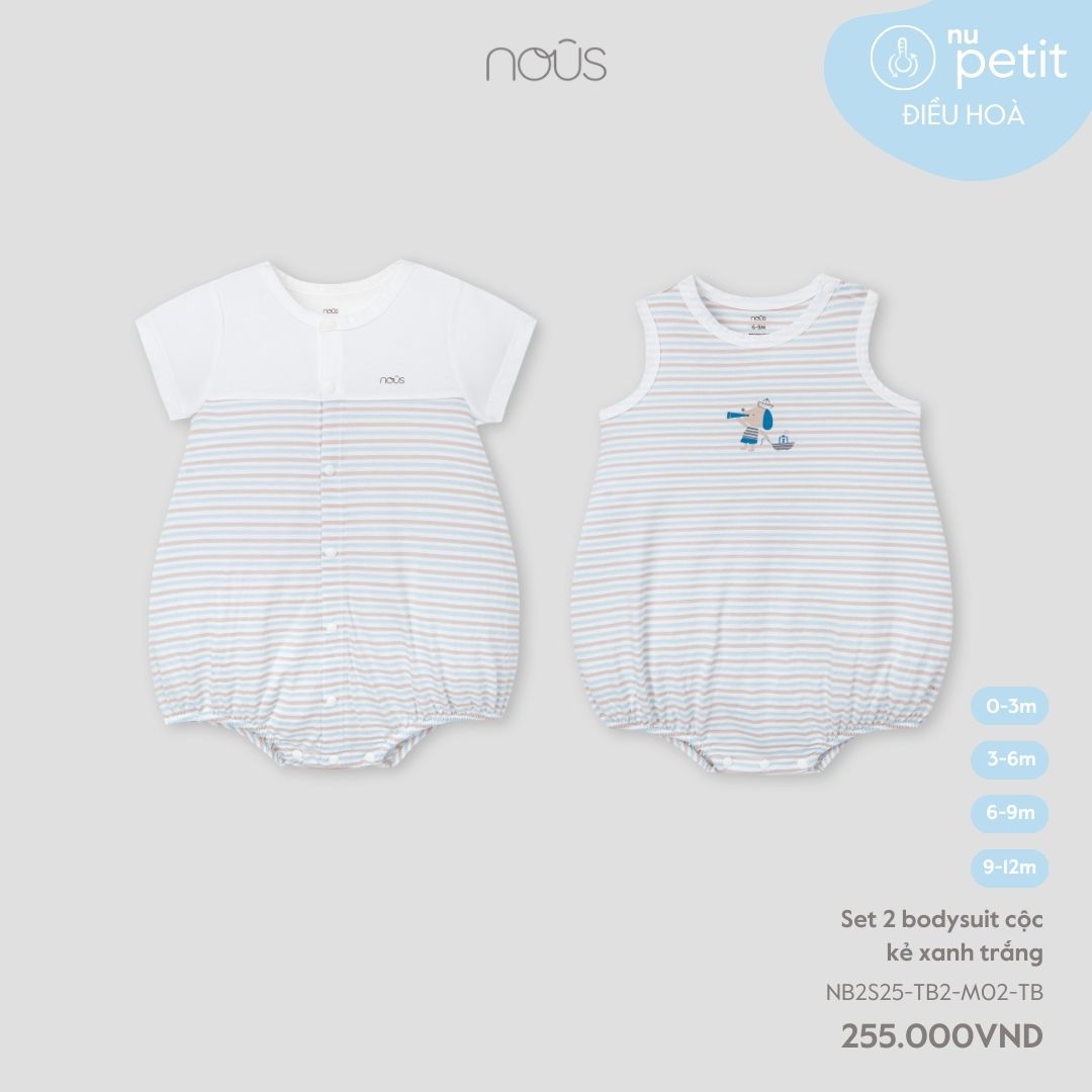 Set 2 bodysuit cộc kẻ xanh trắng