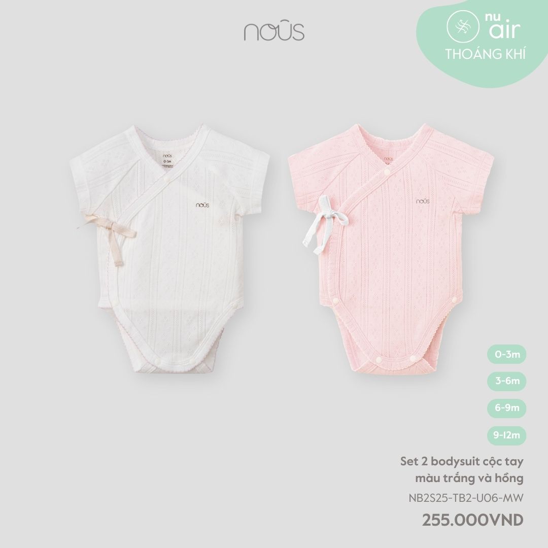 Set 2 bodysuit cộc tay màu trắng và hồng