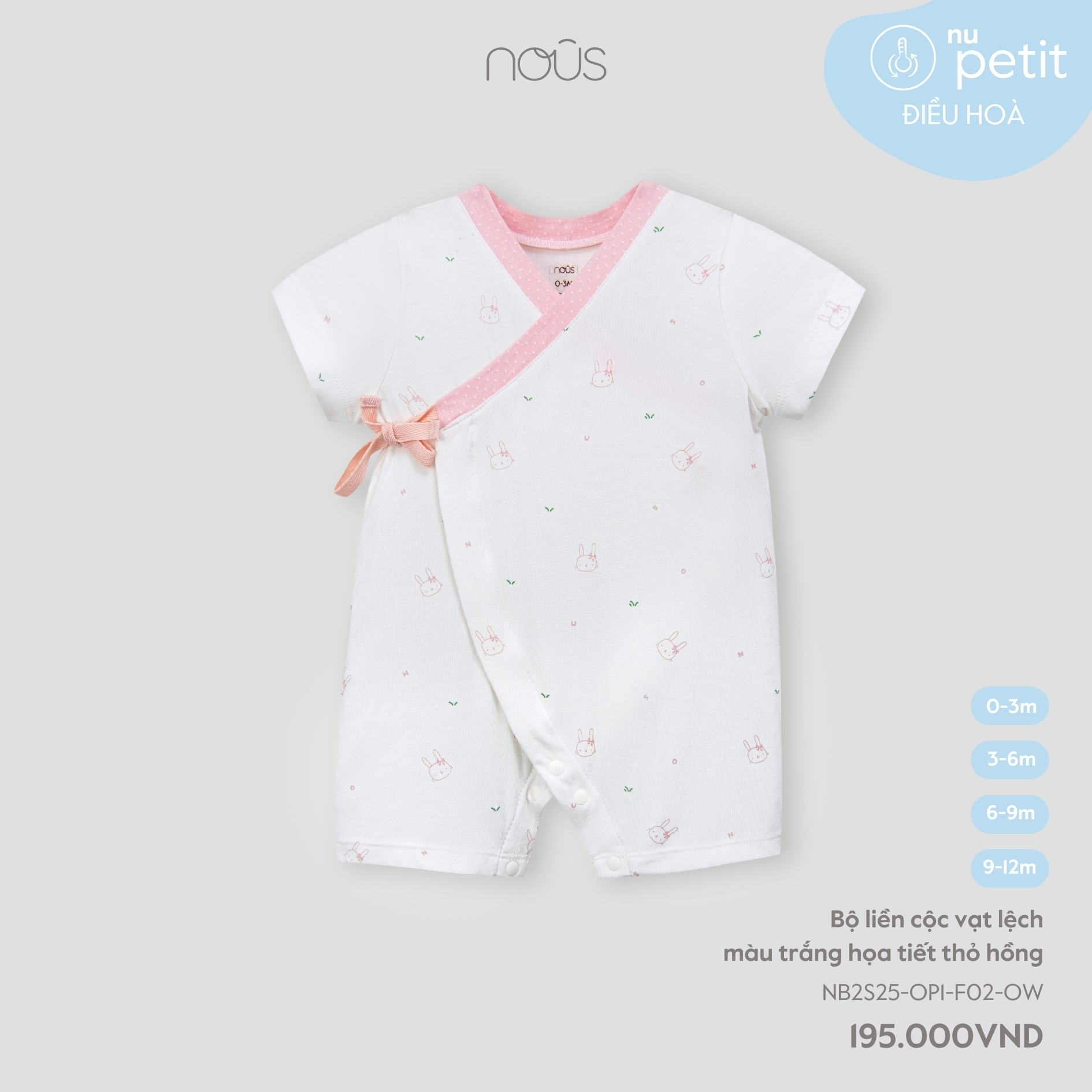 Bộ liền cộc vạt lệch màu trắng họa tiết thỏ hồng