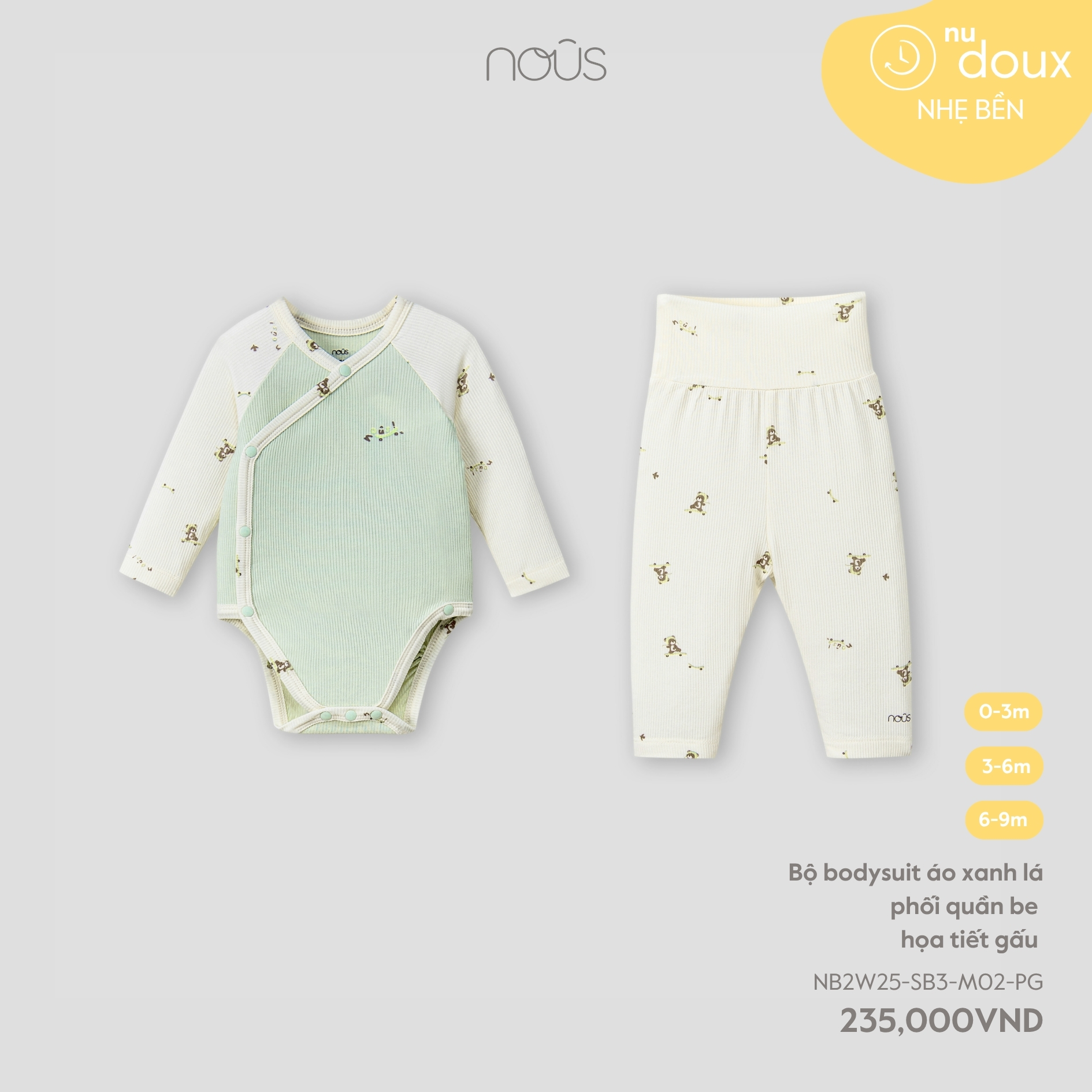 Bộ bodysuit áo xanh lá phối quần be họa tiết gấu