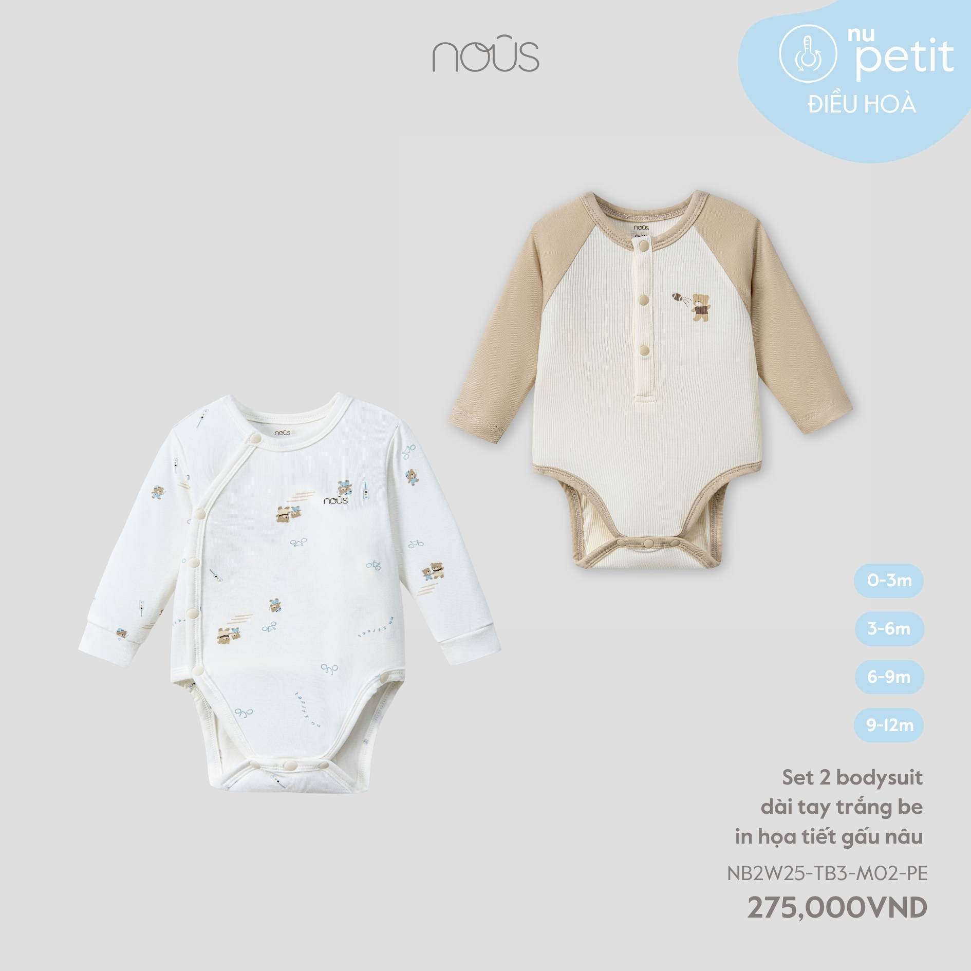 Set 2 bodysuit dài tay trắng be in họa tiết gấu nâu