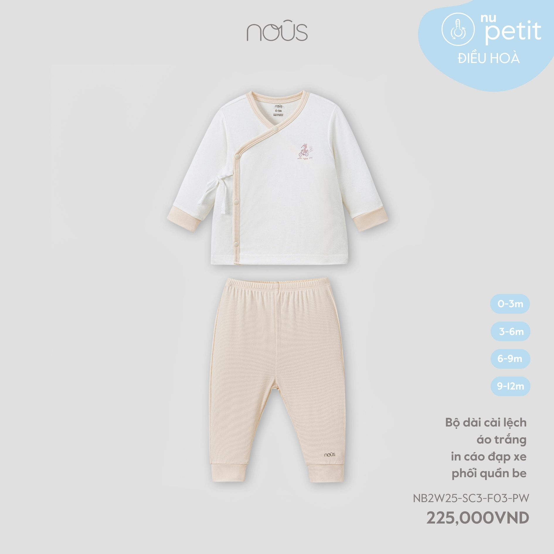 Bộ dài cài lệch áo trắng in cáo đạp xe phối quần be