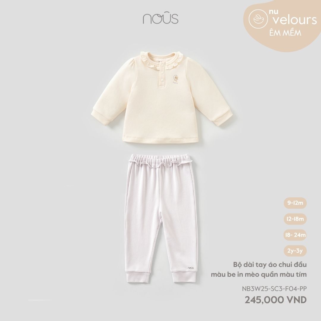 Bộ dài tay áo chui đầu màu be in mèo quần màu tím