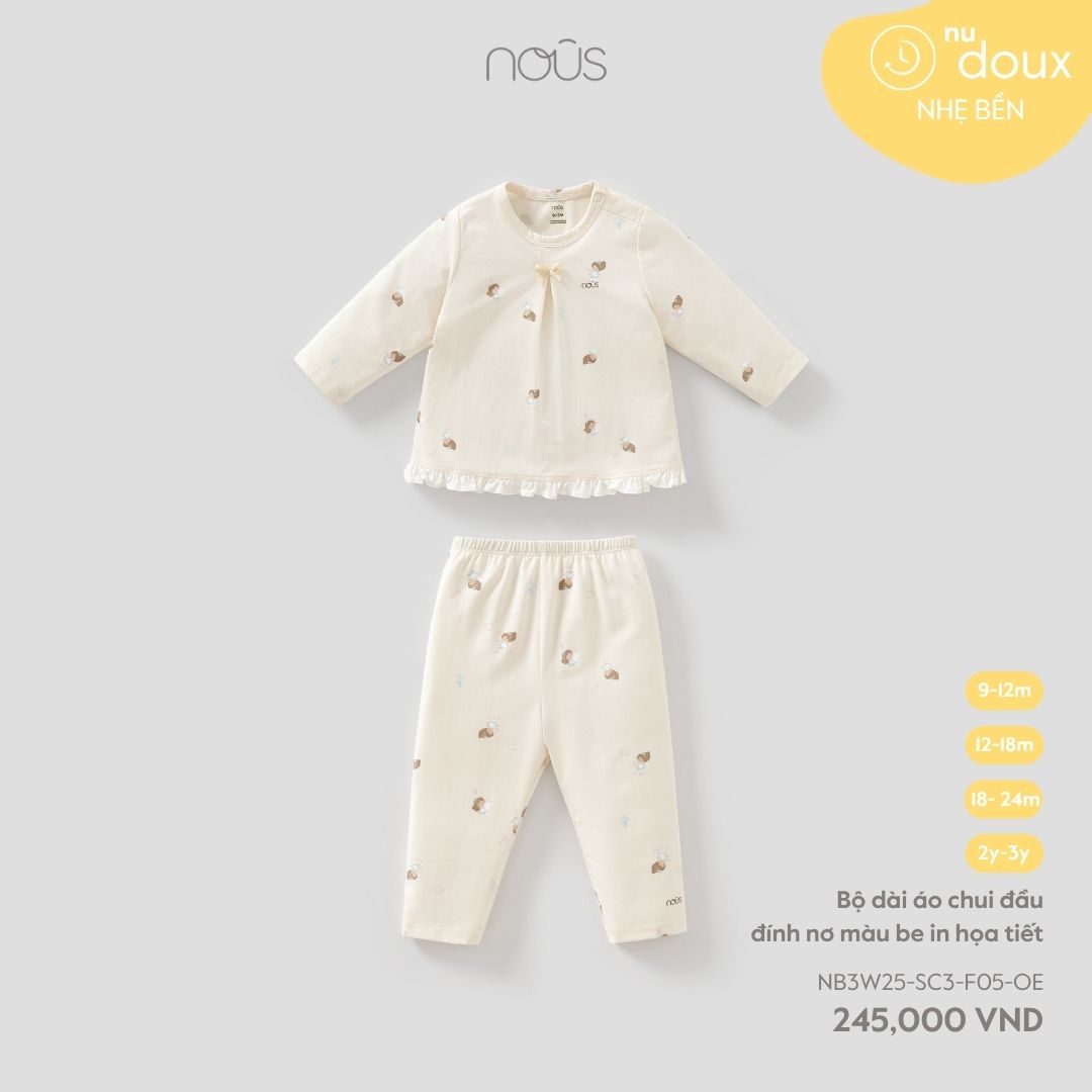 Bộ dài áo chui đầu đính nơ màu be in họa tiết