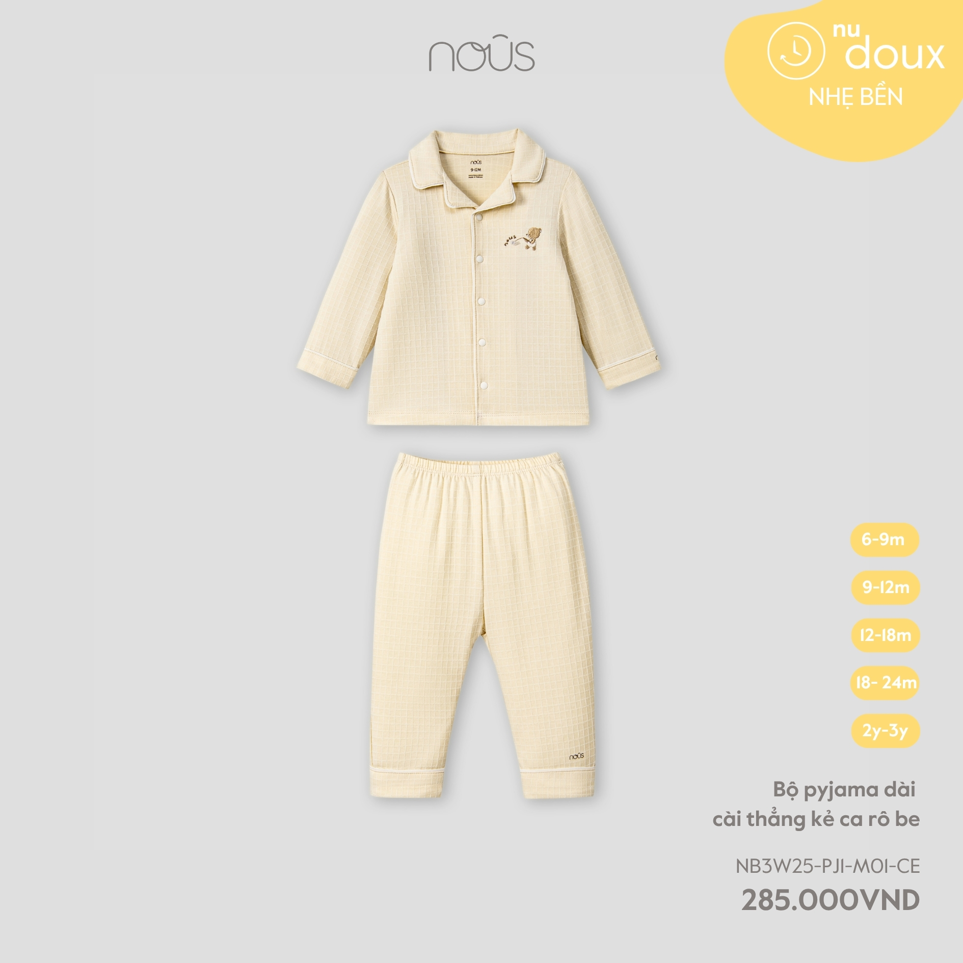 Bộ pyjama dài cài thẳng kẻ ca rô be