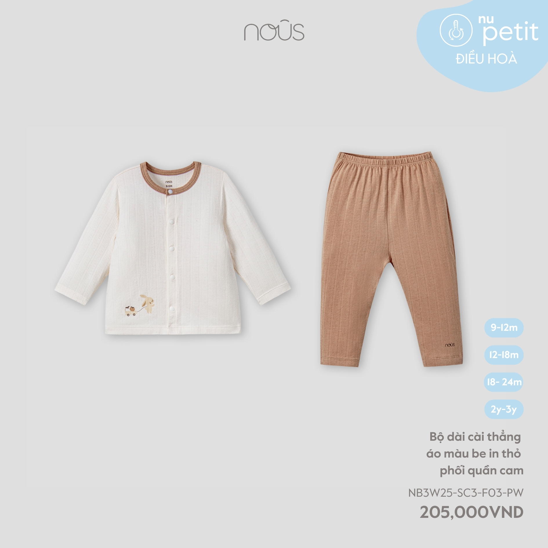 Bộ dài cài thẳng áo màu be in thỏ phối quần cam