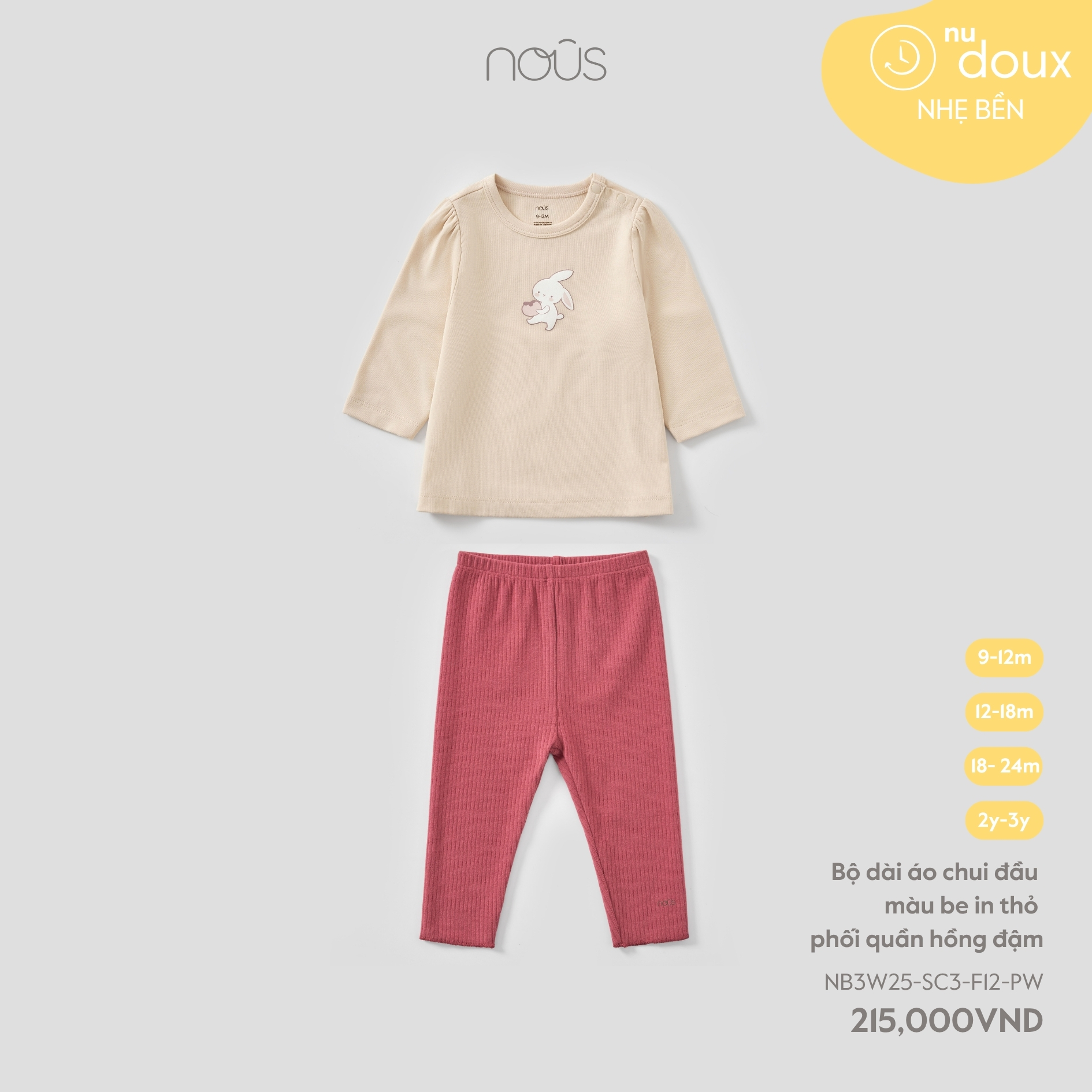 Bộ dài áo chui đầu màu be in thỏ phối quần hồng đậm