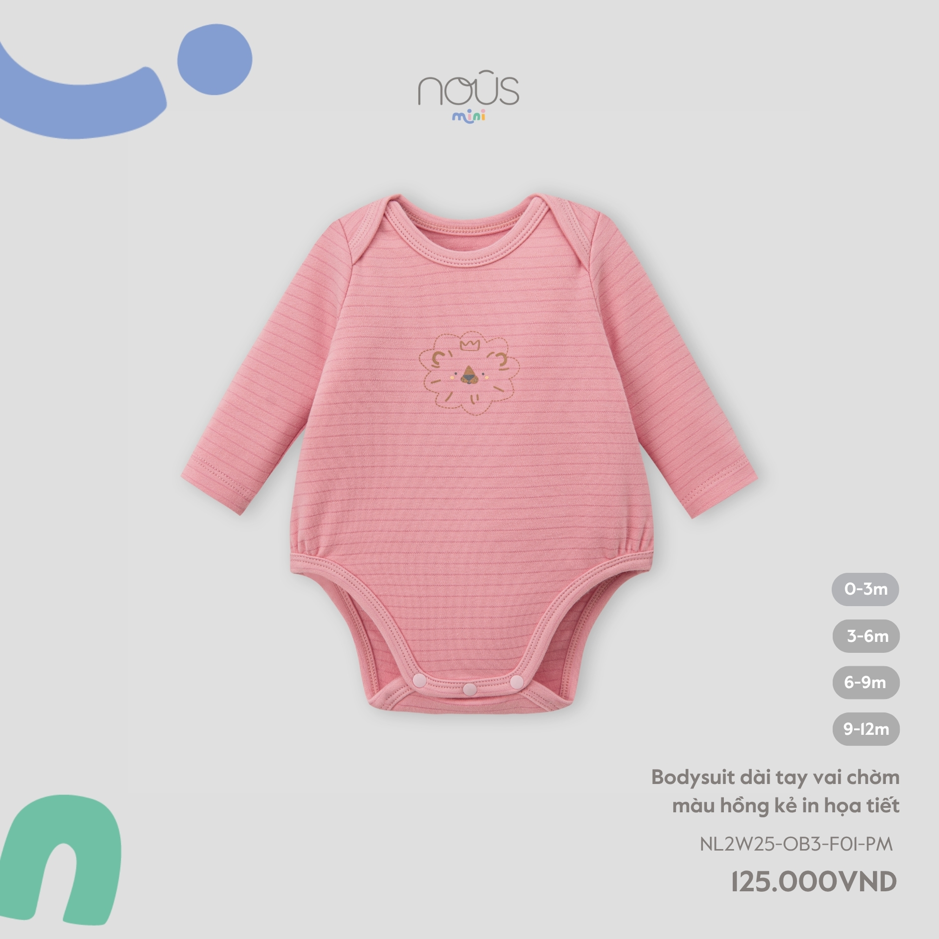Bodysuit dài tay vai chờm màu hồng kẻ in họa tiết