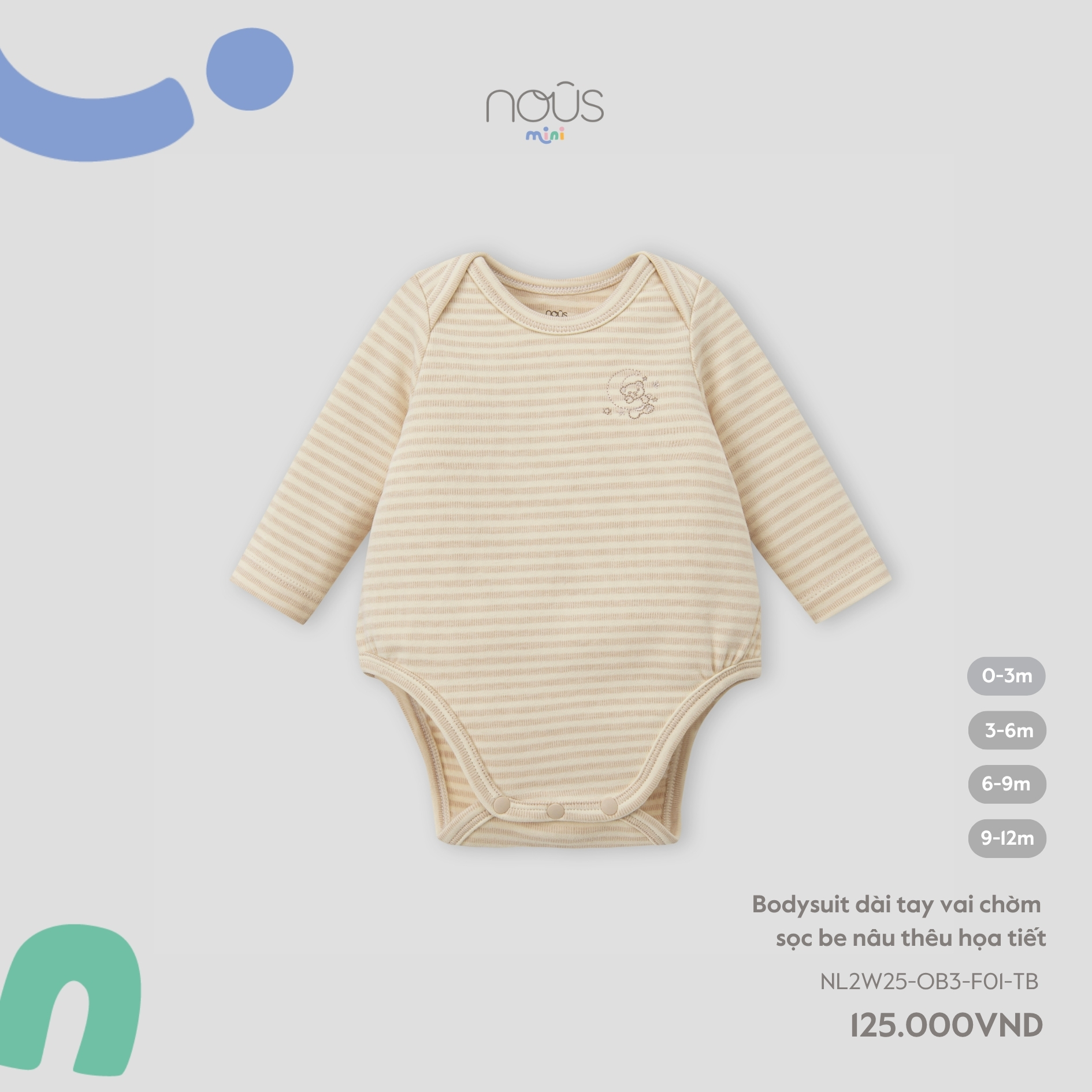 Bodysuit dài tay vai chờm sọc be nâu thêu họa tiết
