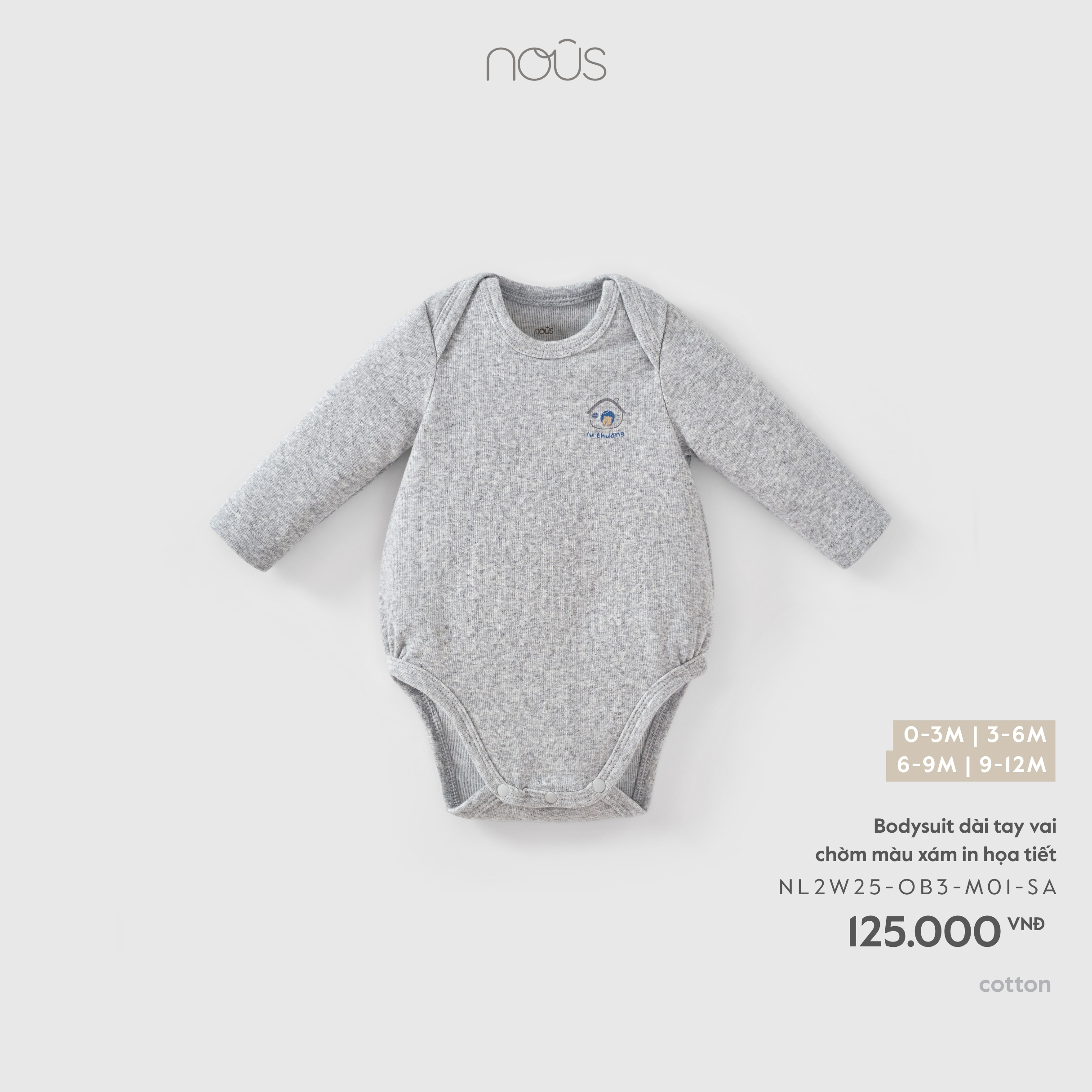 Bodysuit dài tay vai chờm màu xám in họa tiết