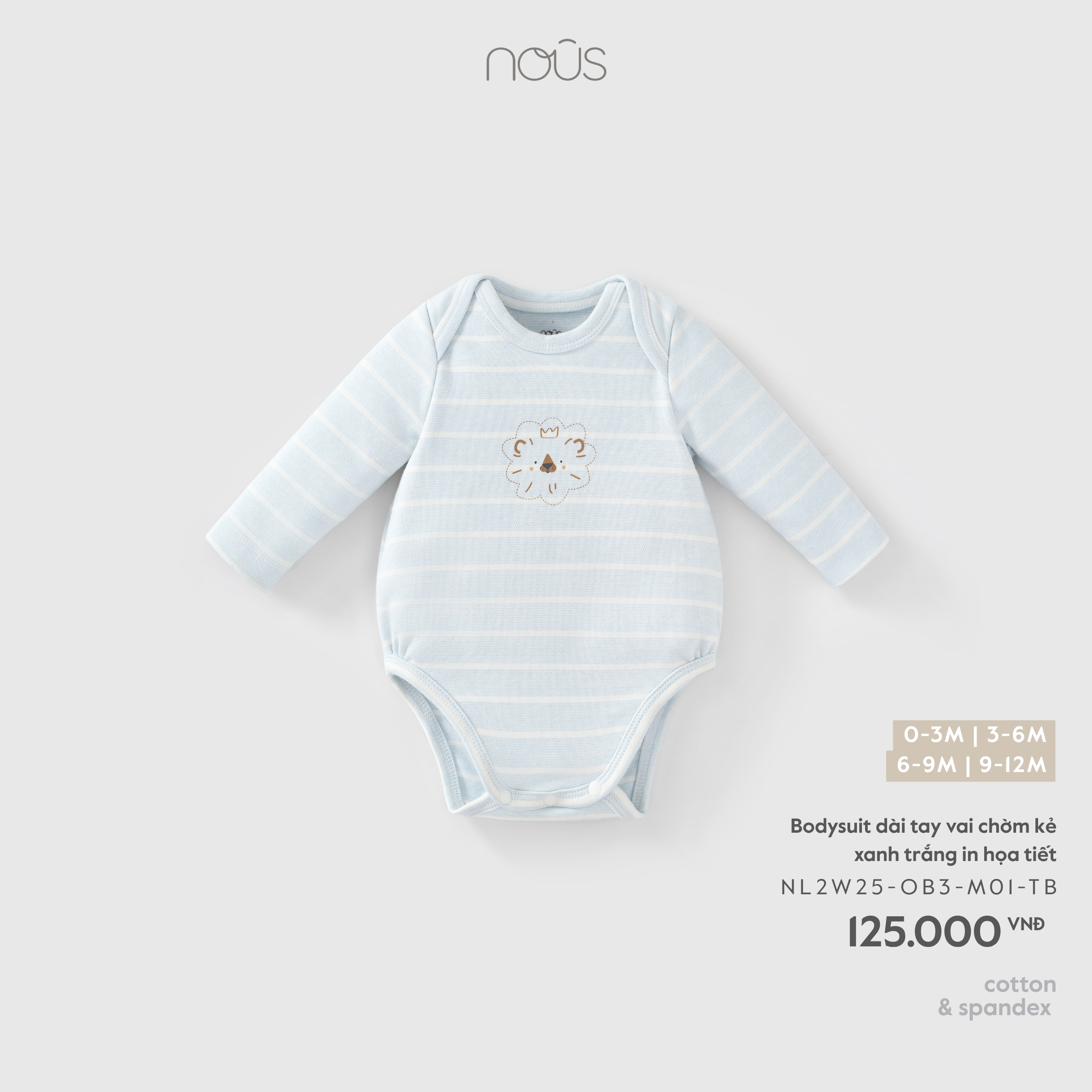 Bodysuit dài tay vai chờm kẻ xanh trắng in họa tiết