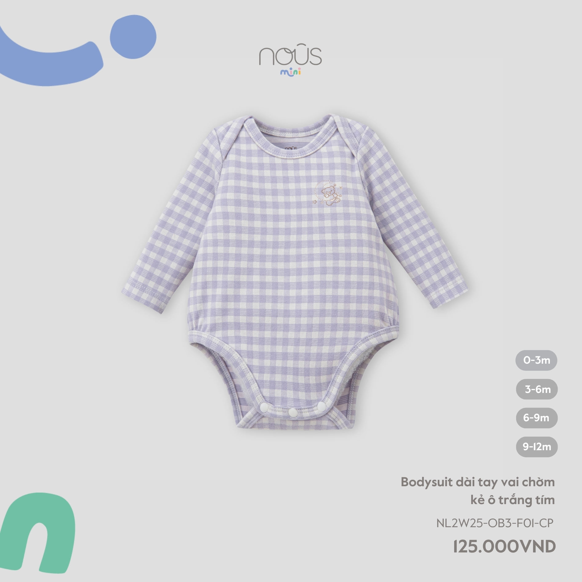 Bodysuit dài tay vai chờm kẻ ô trắng tím