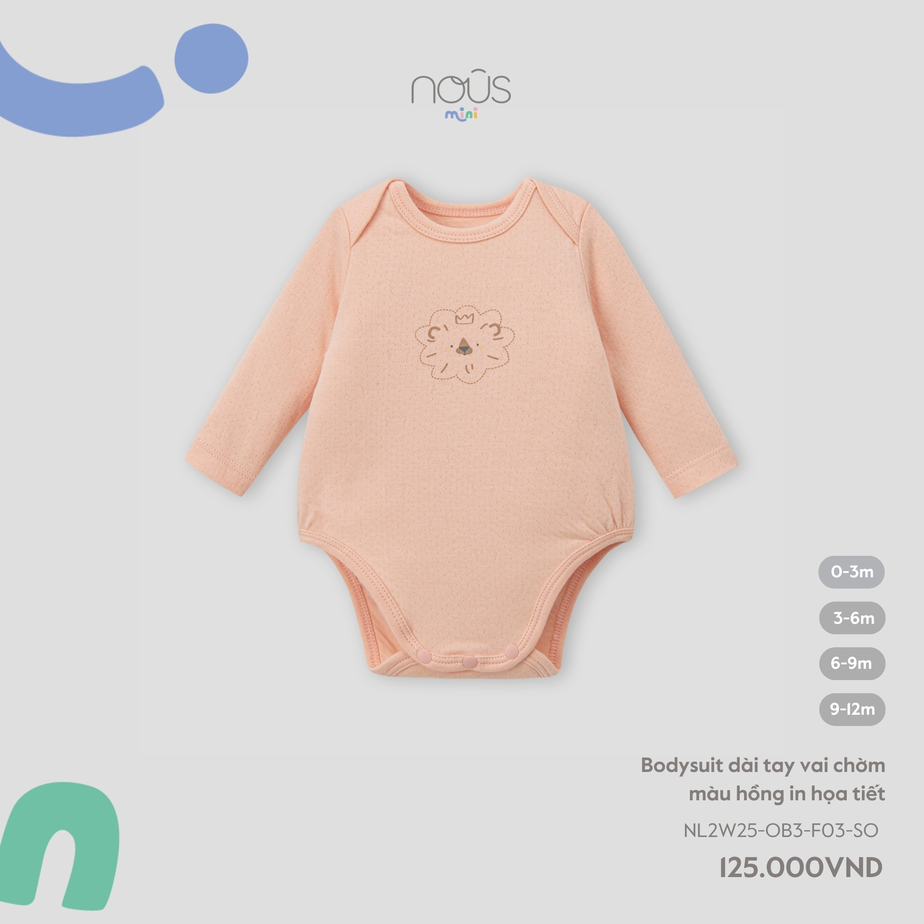 Bodysuit dài tay vai chờm màu hồng in họa tiết