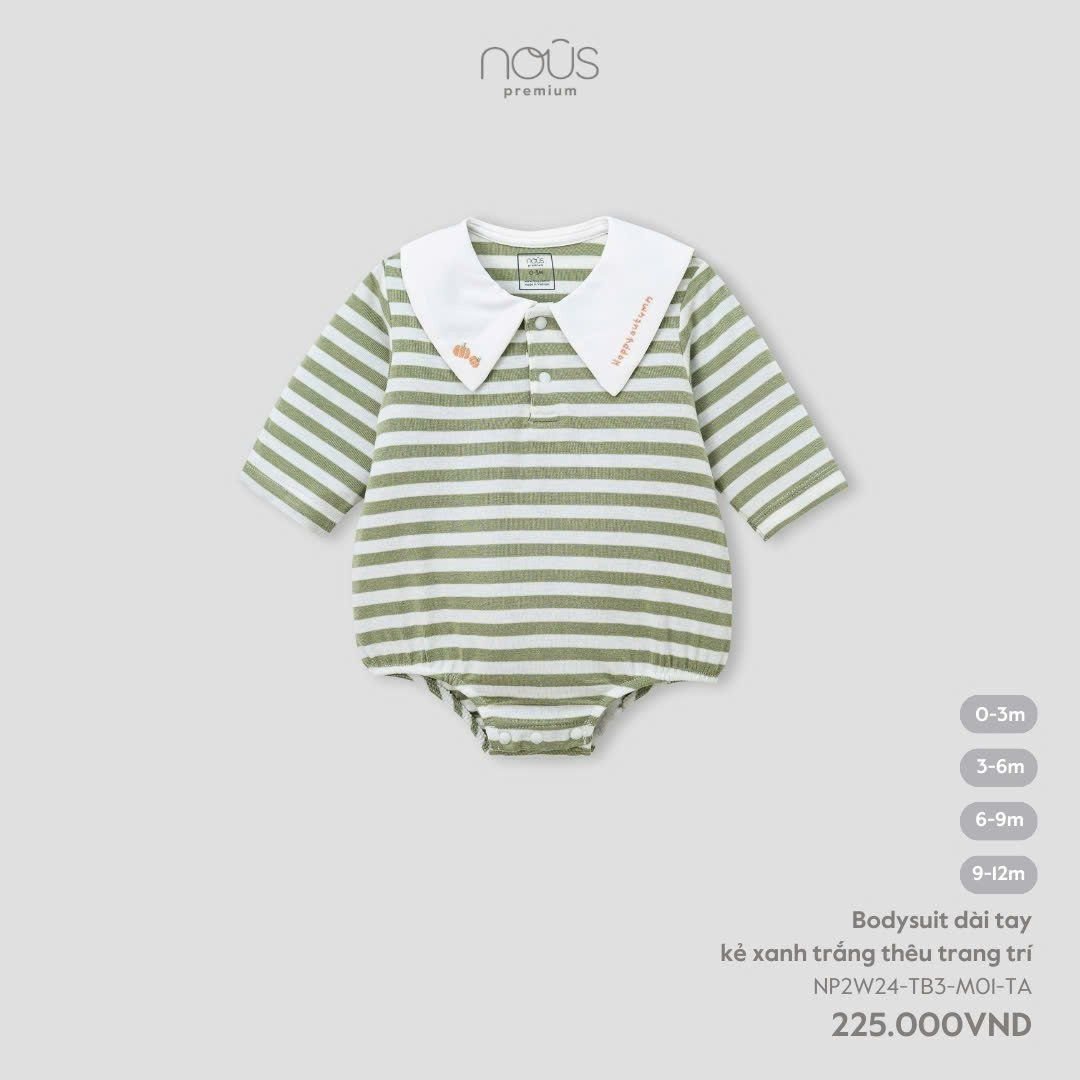 Bodysuit Dài Tay Kẻ Xanh Trắng Thêu Trang Trí NU2098