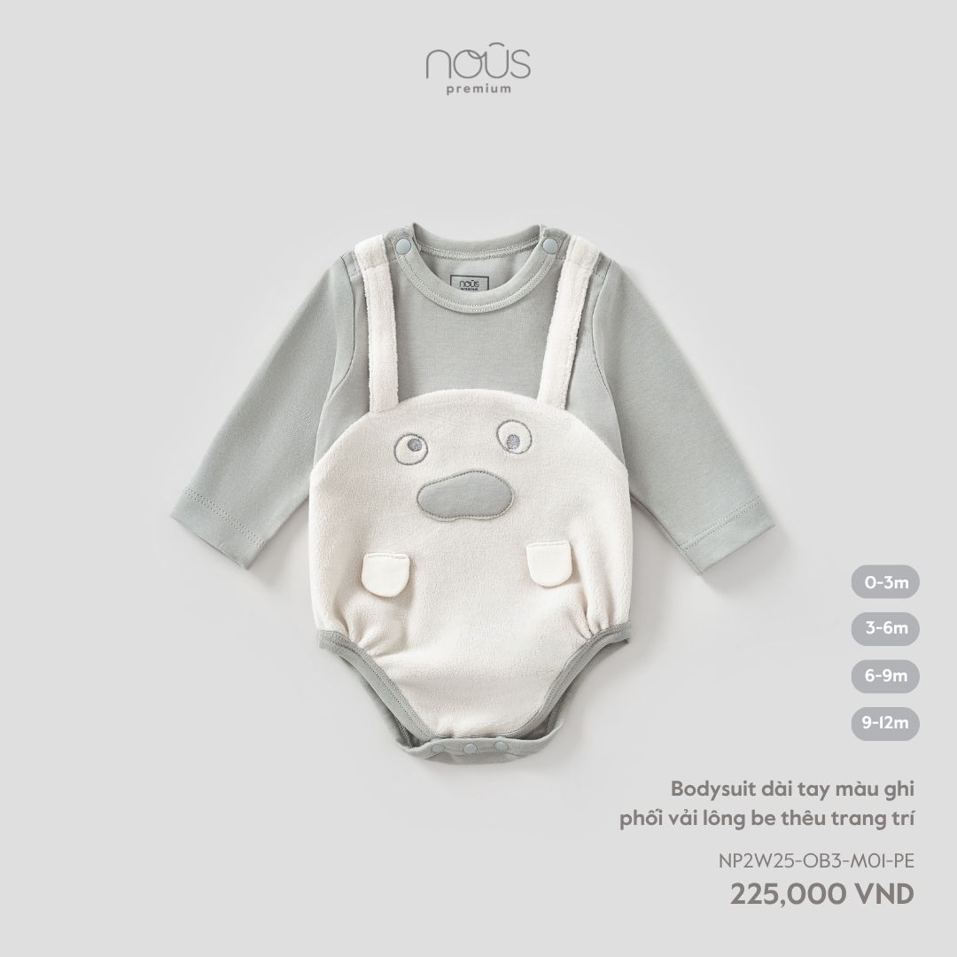 Bodysuit dài tay màu ghi phối vải lông be thêu trang trí